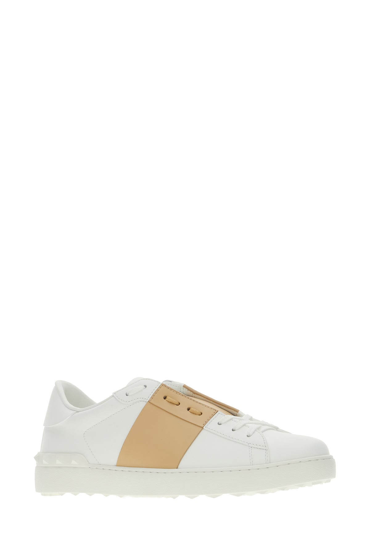 Valentino Garavani Sneakers Open in pelle bianca con banda beige, view 2