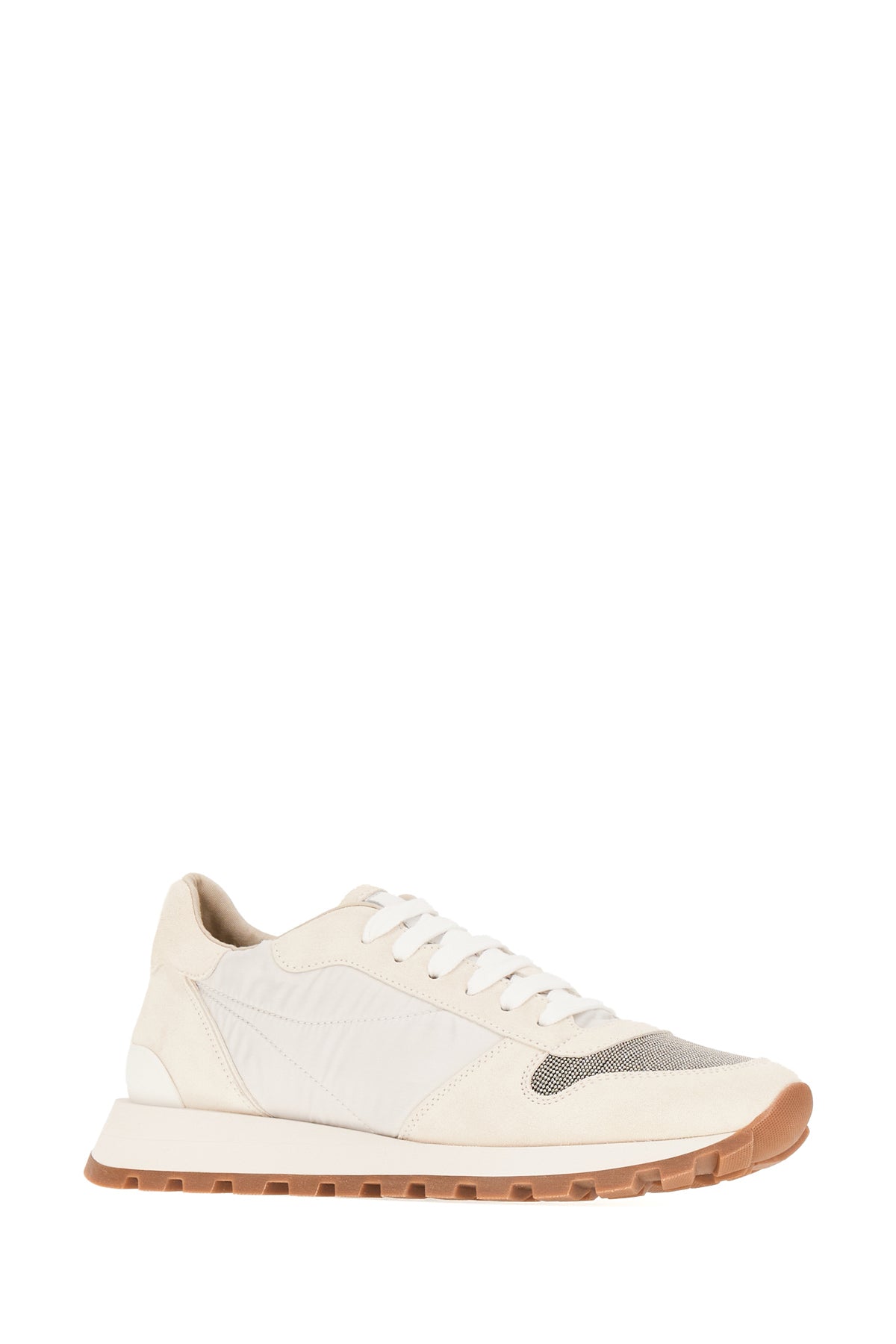 Brunello Cucinelli Sneakers avorio in nylon e pelle scamosciata, view 2