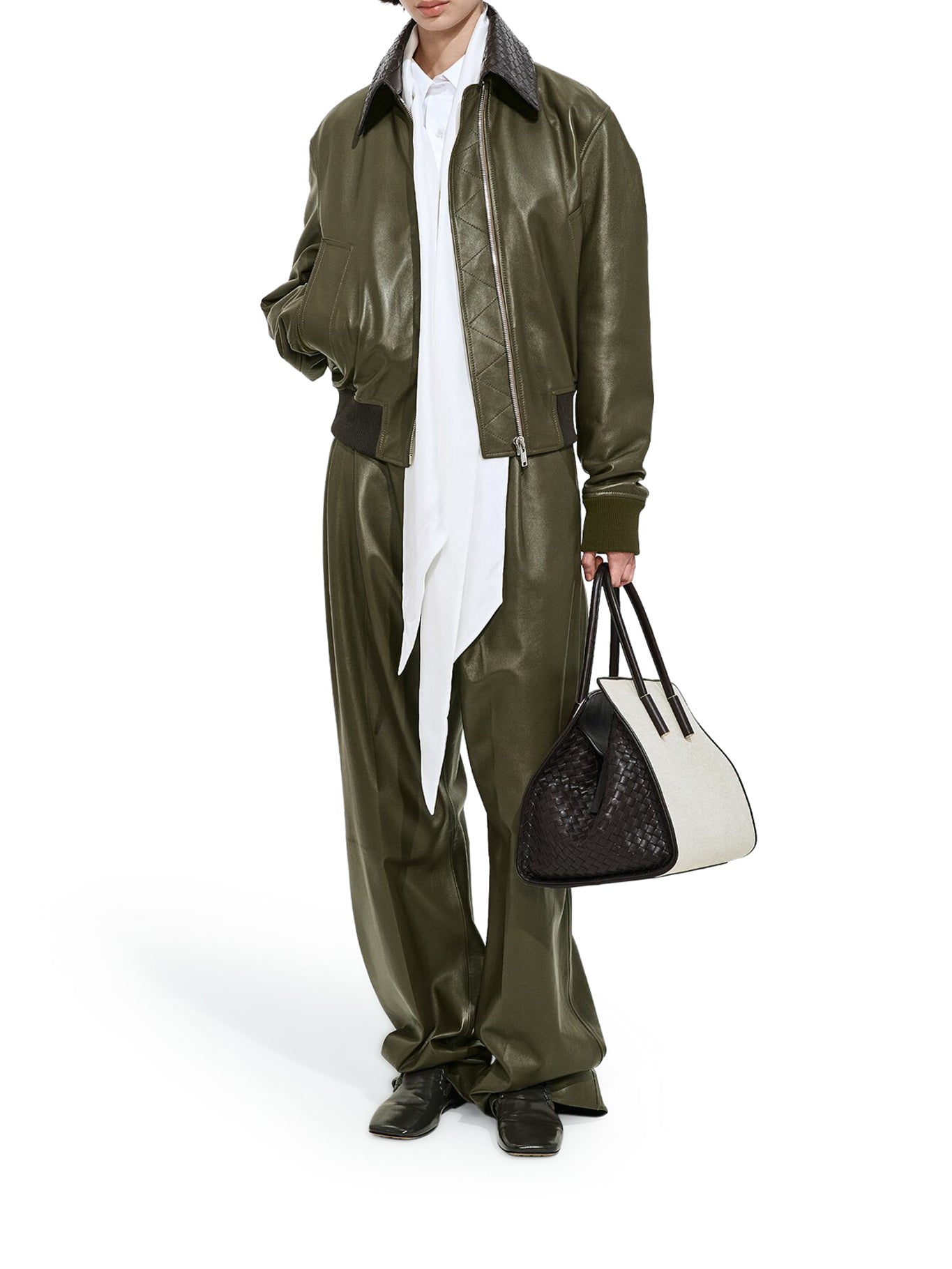 Bottega Veneta GLOSSY LAMBSKIN JACKET WITH A DETACHABLE BRAIDED COLLAR, view 2
