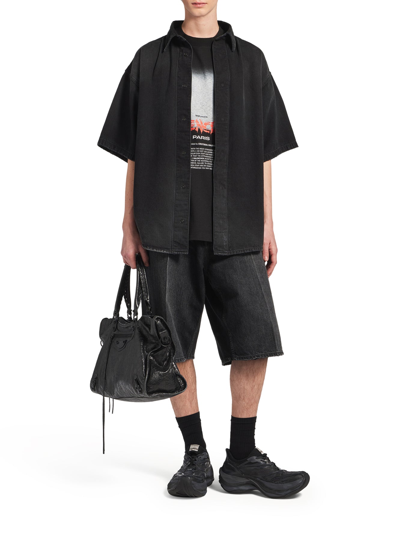 Balenciaga "THE DOOR" SHORT-SLEEVE HYBRID SHIRT IN BLACK DENIM, view 2