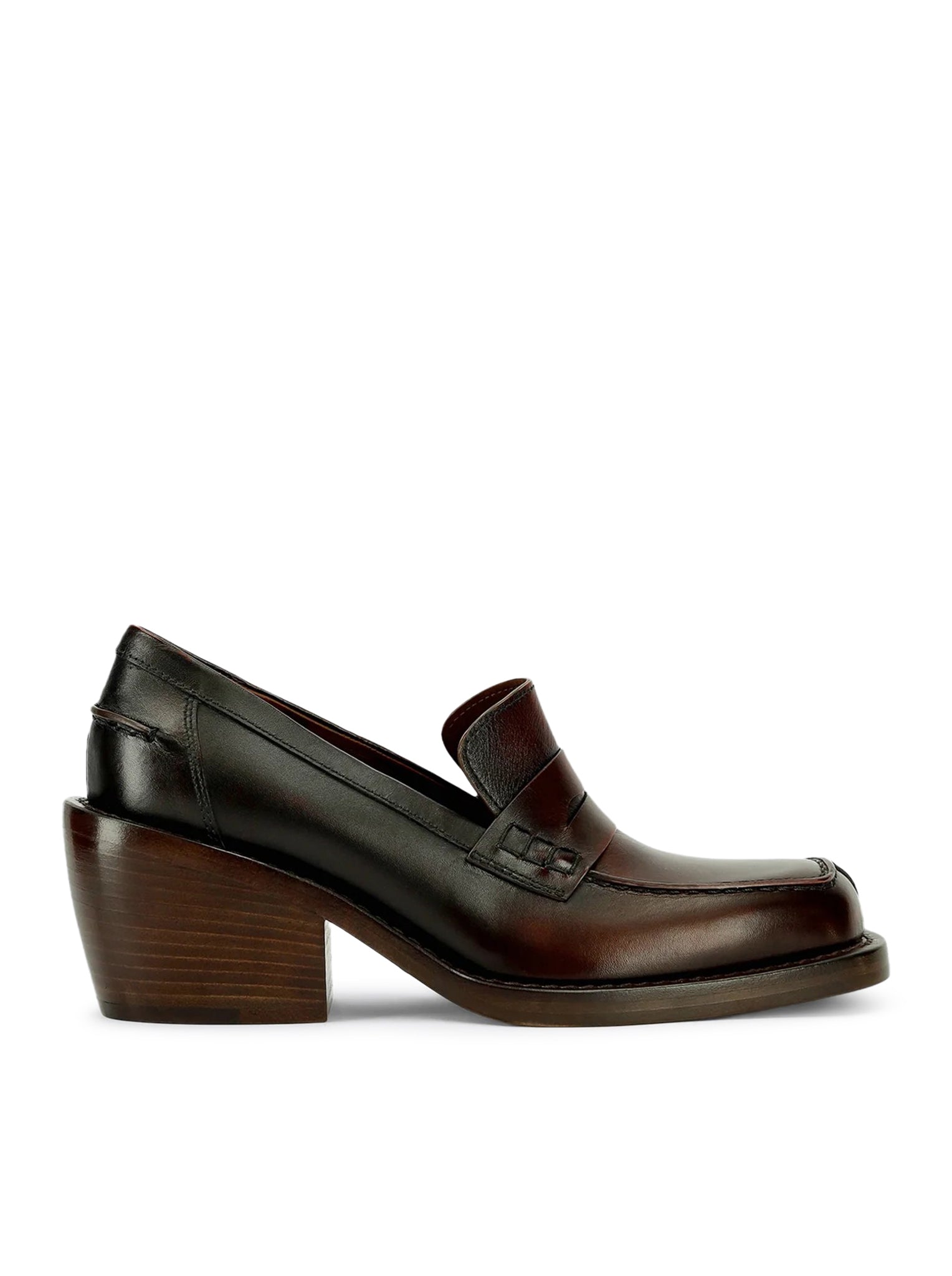 Dries Van Noten LEATHER PENNY LOAFERS WITH A SQUARE TOE, ROUNDED BLOCK HEEL, AND SHADED EFFECT