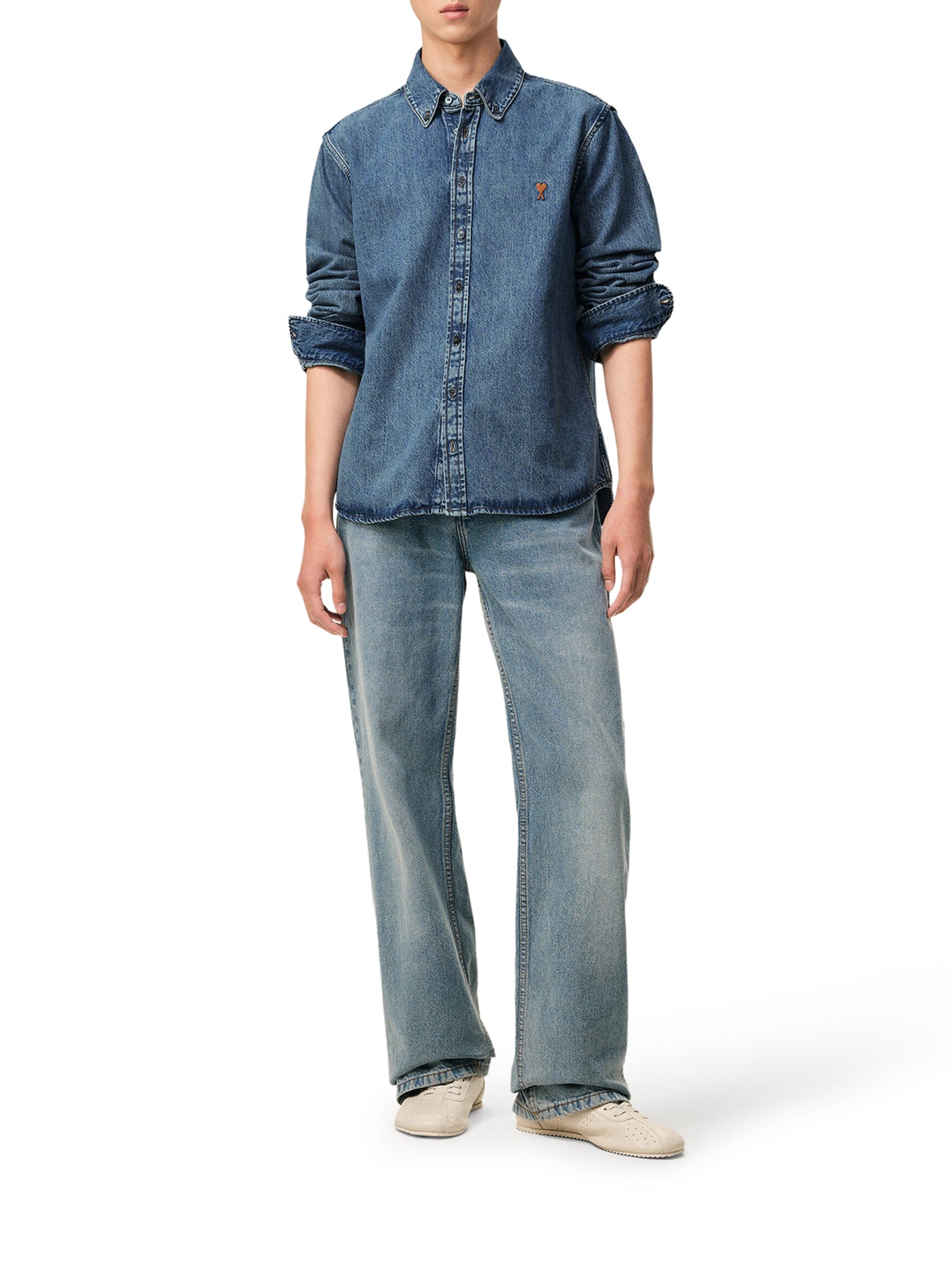 AMI Paris LIGHT DENIM BUTTON-DOWN SHIRT WITH AMI DE COEUR, view 2
