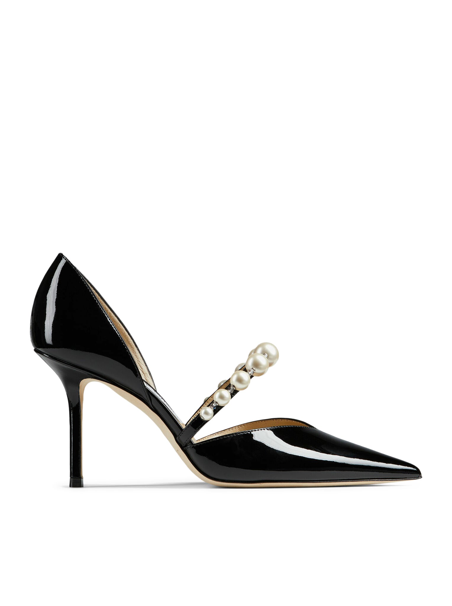 Jimmy Choo AURELIE 85 POINTED-TOE DÉCOLLETÉ IN BLACK PATENT LEATHER WITH PEARL DECORATION