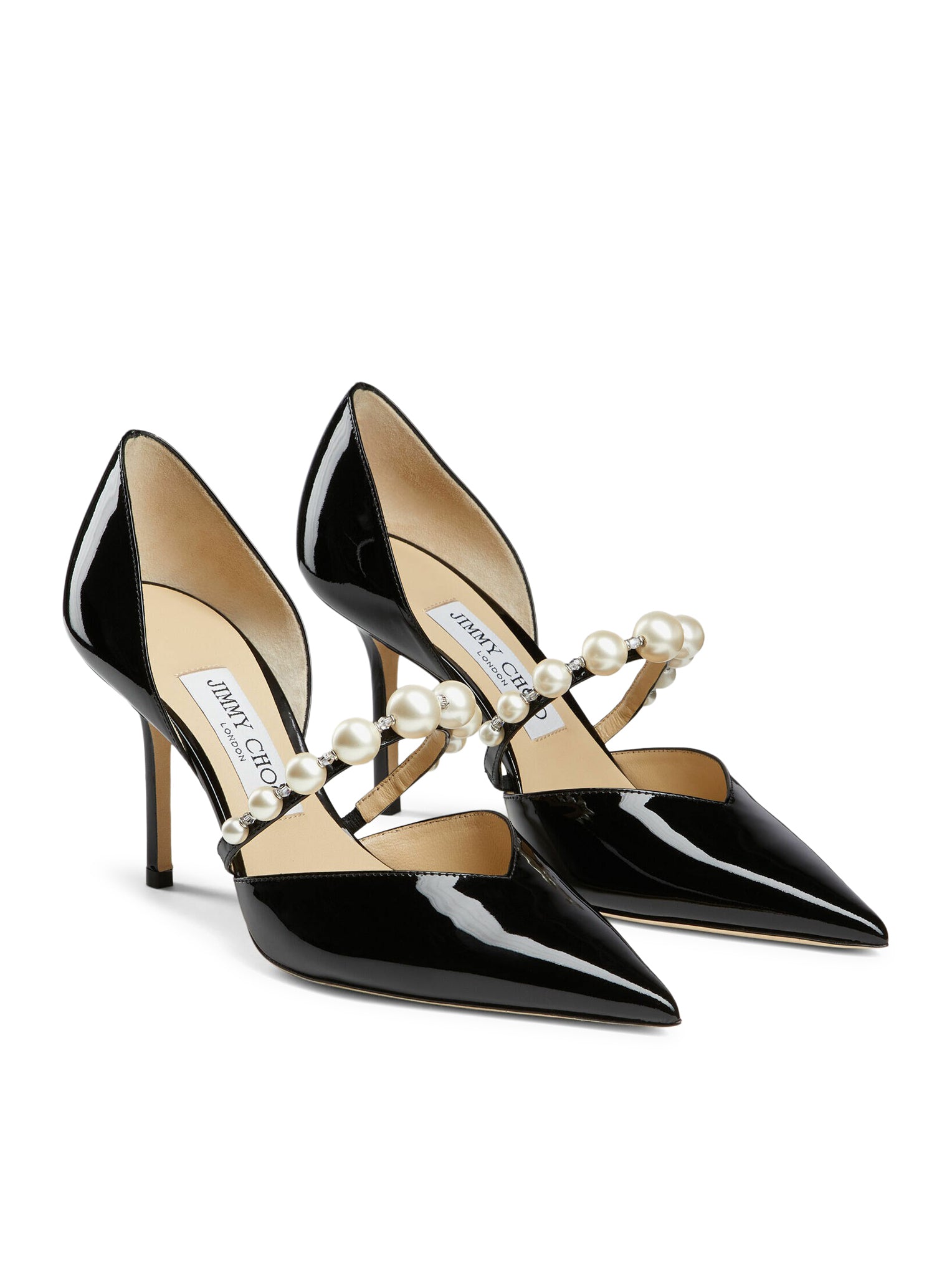 Jimmy Choo AURELIE 85 POINTED-TOE DÉCOLLETÉ IN BLACK PATENT LEATHER WITH PEARL DECORATION, view 2