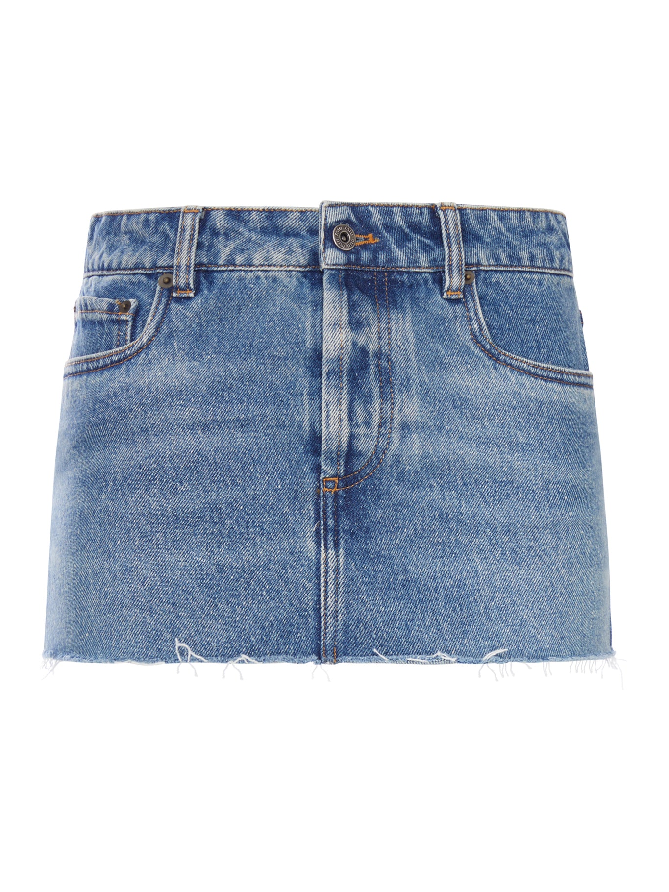 Miu Miu USED WASH DENIM MINI SKIRT WITH FRAYED HEM
