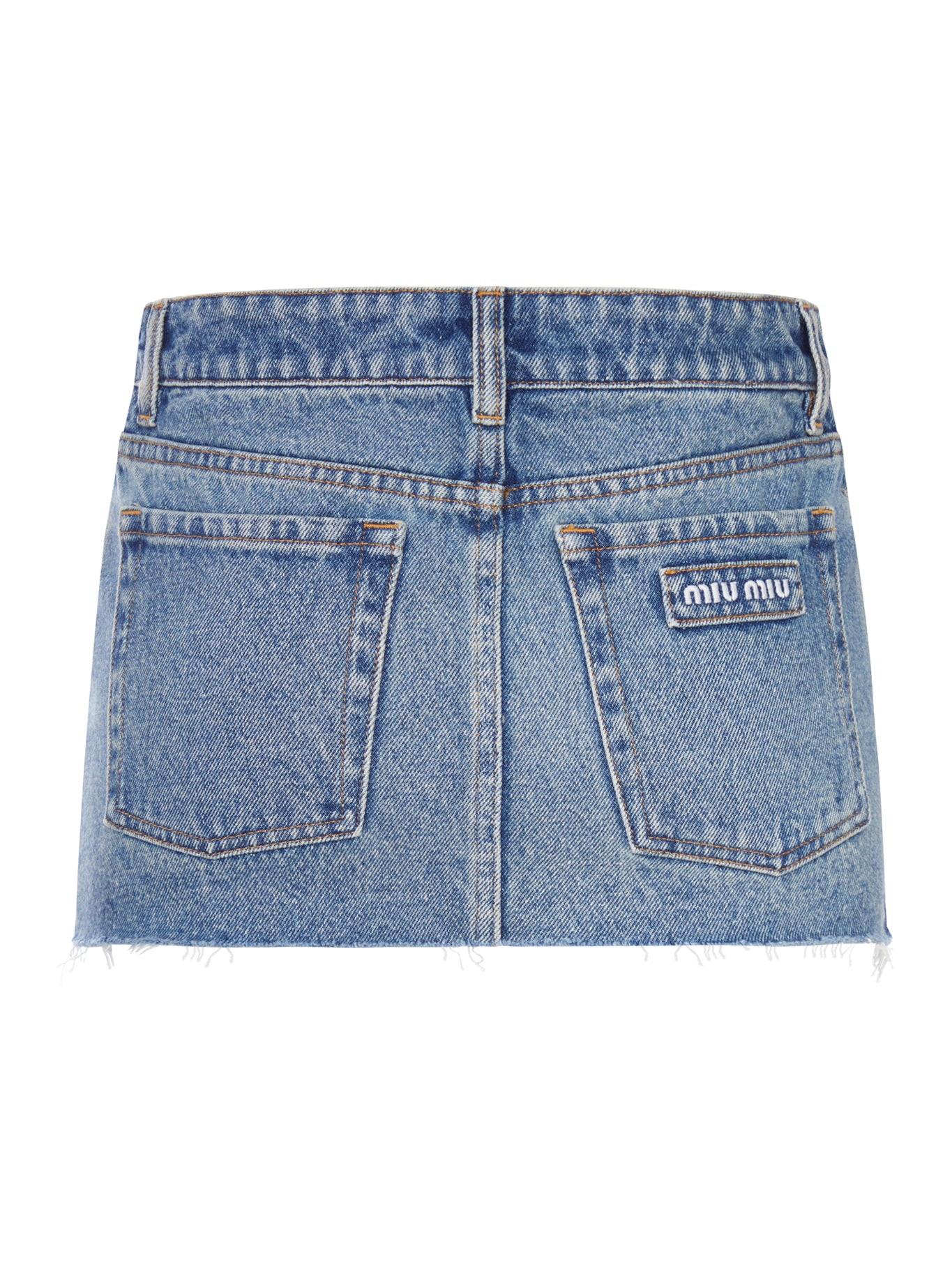 Miu Miu USED WASH DENIM MINI SKIRT WITH FRAYED HEM, view 2