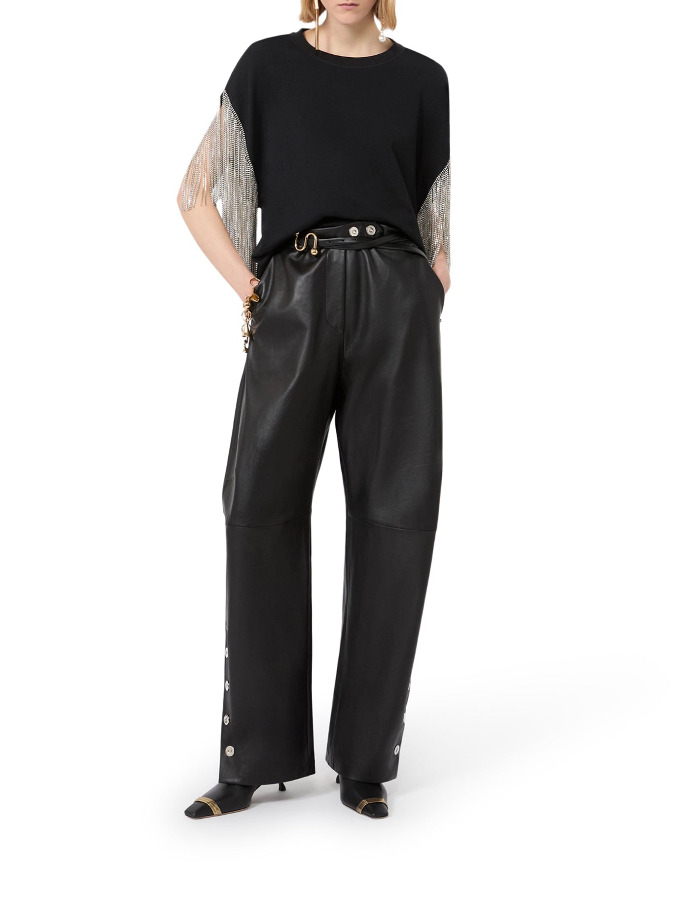 Sportmax BOXY T-SHIRT IN COTTON WITH RHINESTONE FRINGES, view 2