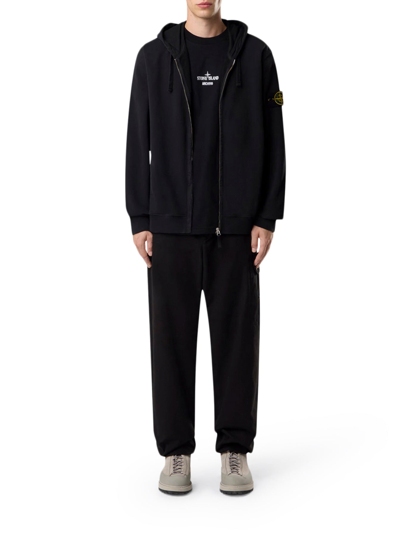 Stone Island COTTON SWEATSHIRT WITH ZIP, HOOD AND COMPASS LOGO