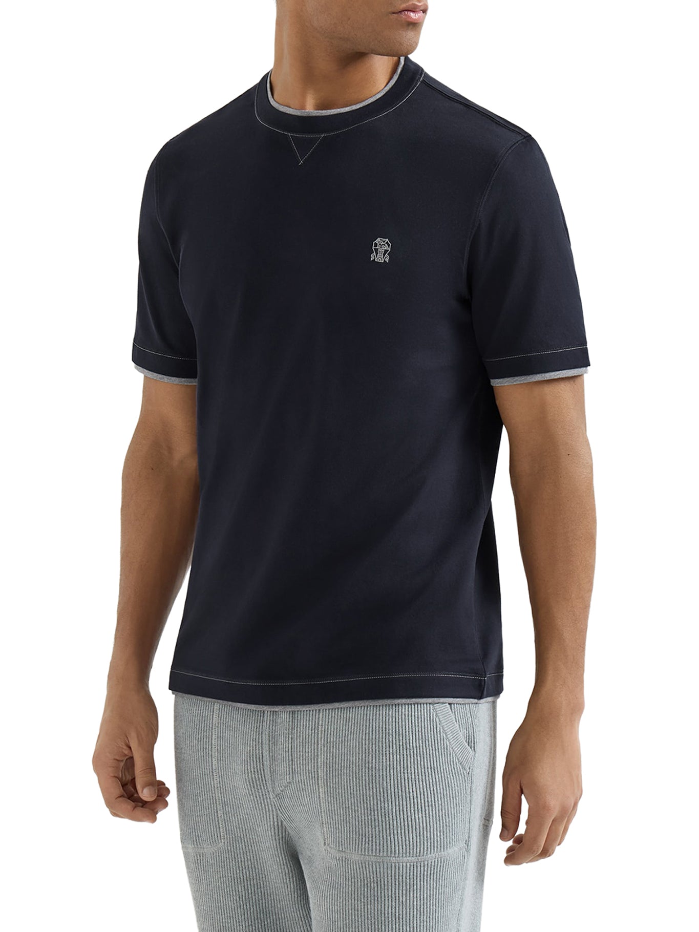 Brunello Cucinelli COTTON T-SHIRT WITH FRONT LOGO AND CONTRASTING TRIM, view 2