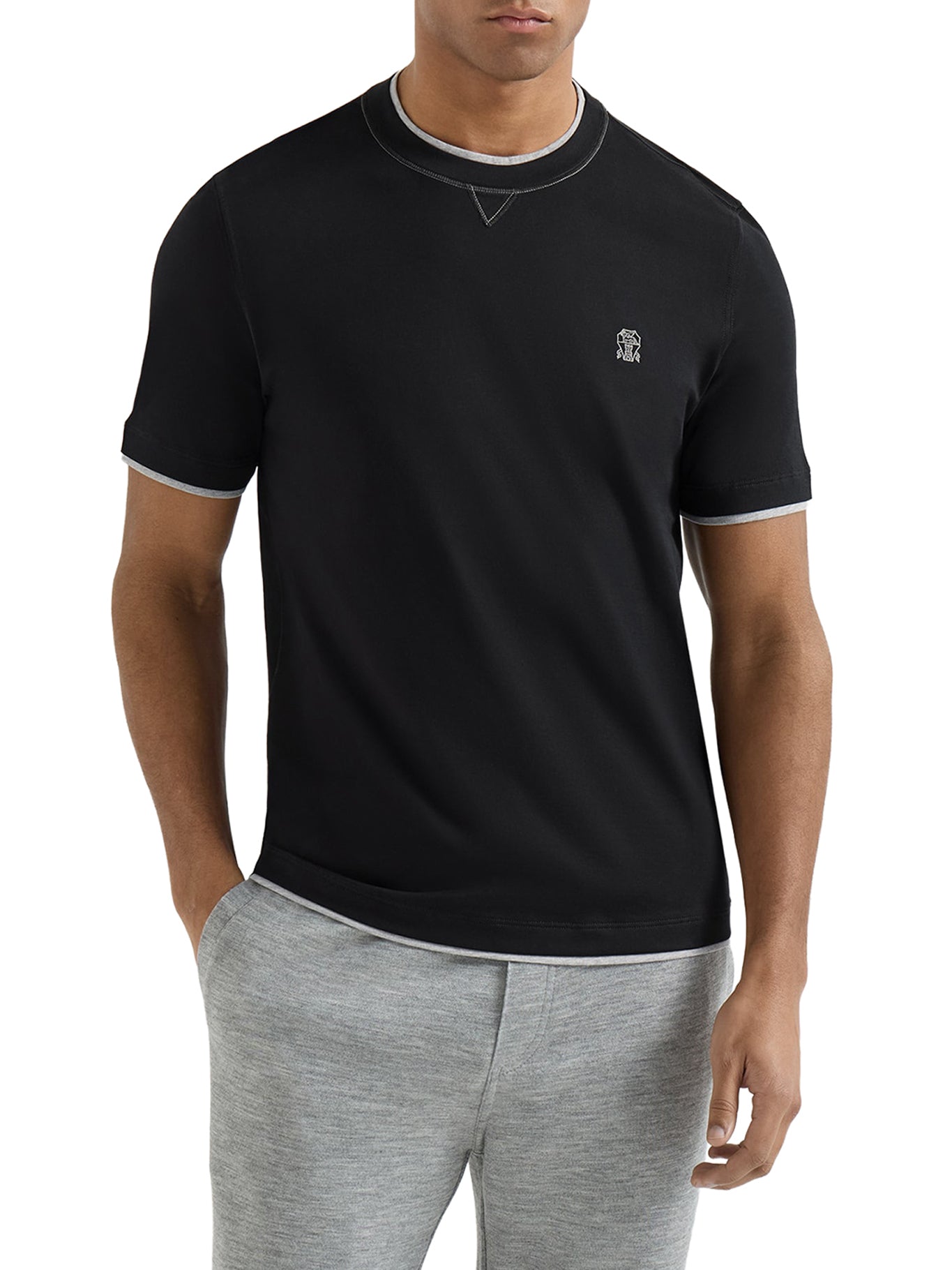 Brunello Cucinelli COTTON T-SHIRT WITH FRONT LOGO AND CONTRASTING TRIM, view 2