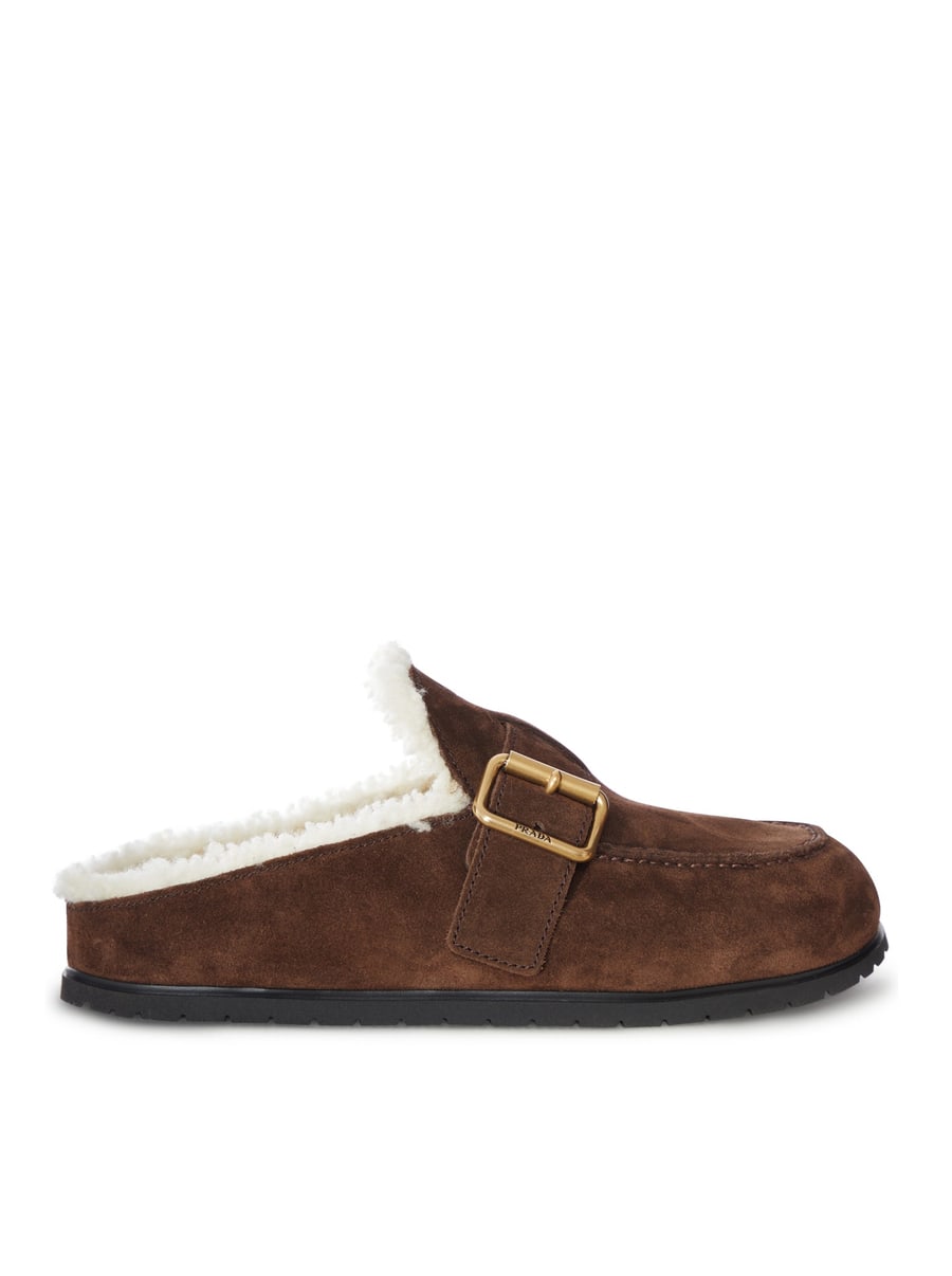 Prada SUEDE AND SHEARLING MULE WITH BUCKLE