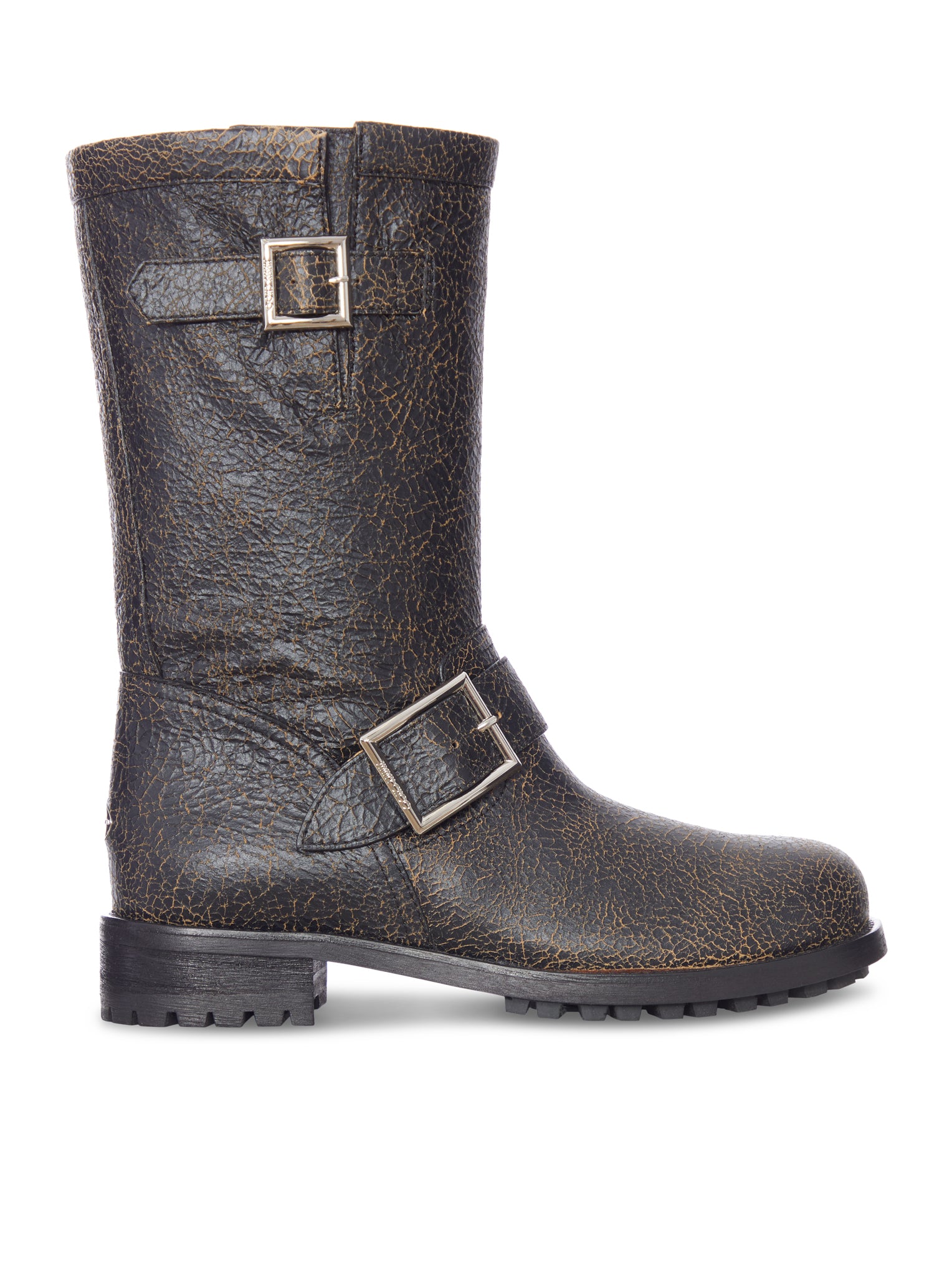 Jimmy Choo CRACKLED LEATHER BIKER BOOTS WITH BUCKLES