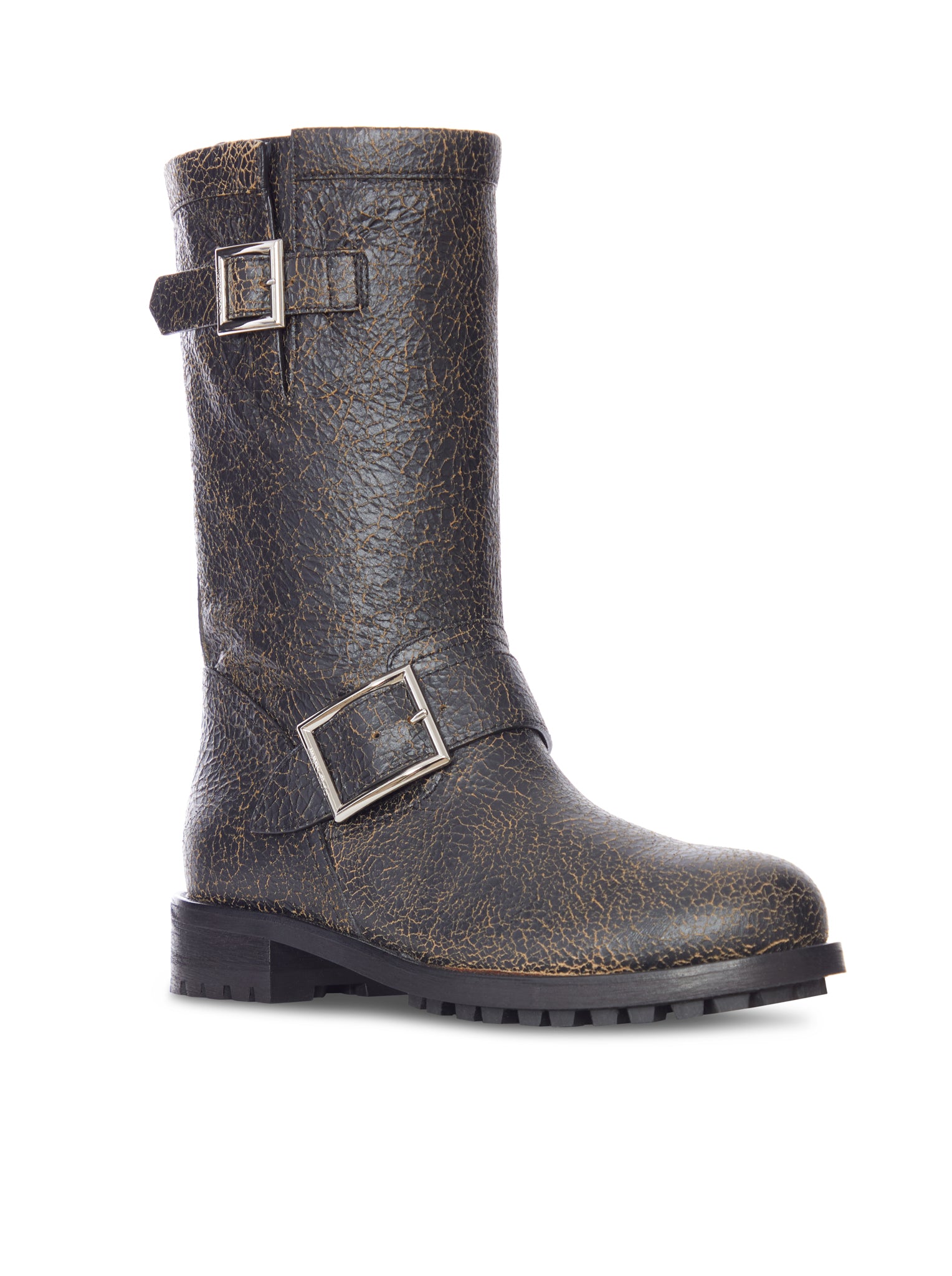Jimmy Choo CRACKLED LEATHER BIKER BOOTS WITH BUCKLES, view 2
