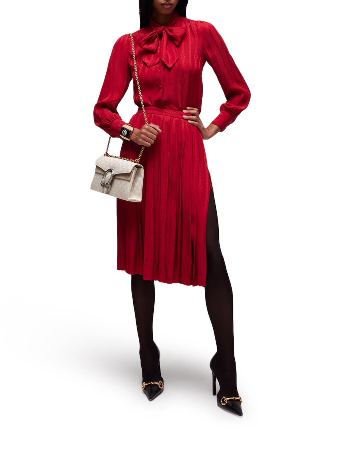 Gucci JACQUARD SILK MIDI SKIRT WITH GG CROSS CHAIN, view 2