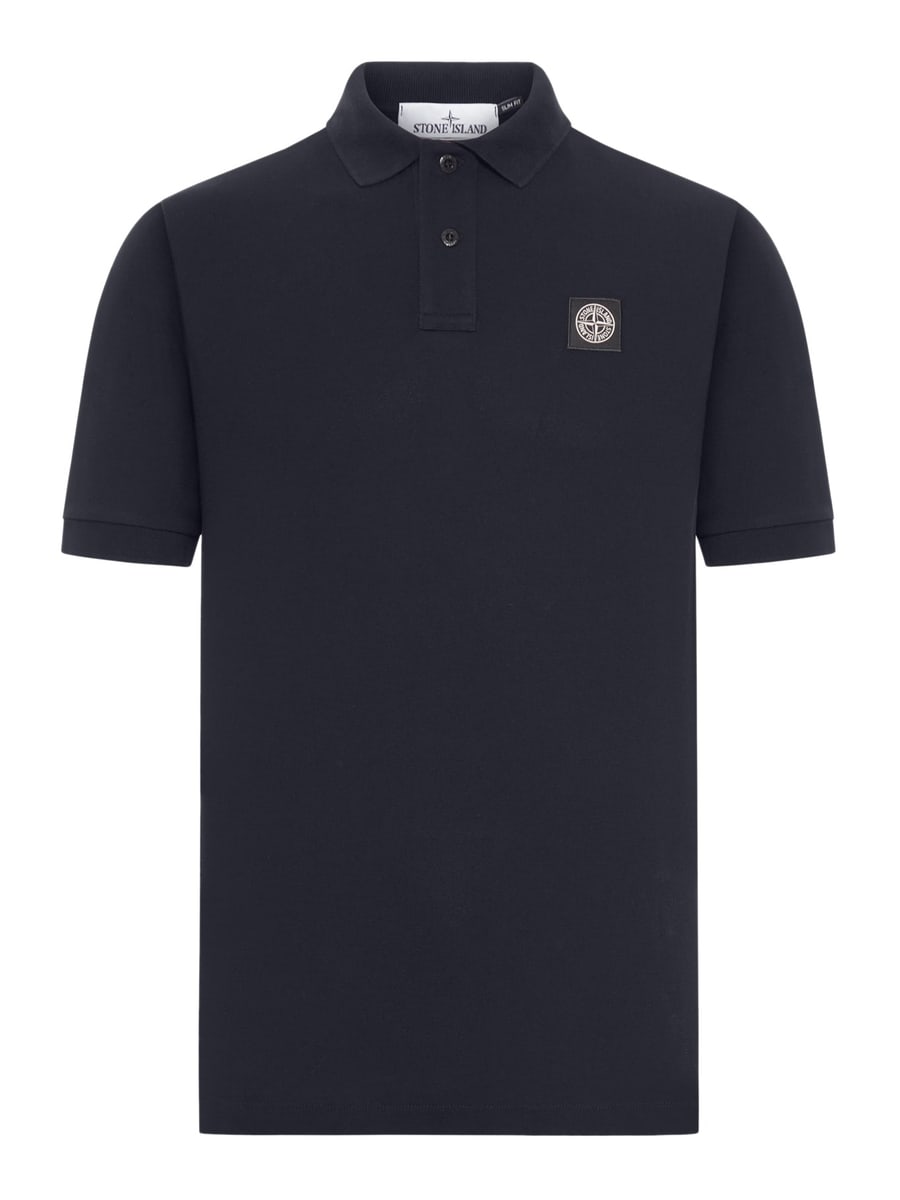 Stone Island BLUE NAVY COTTON POLO SHIRT WITH LOGO PATCH