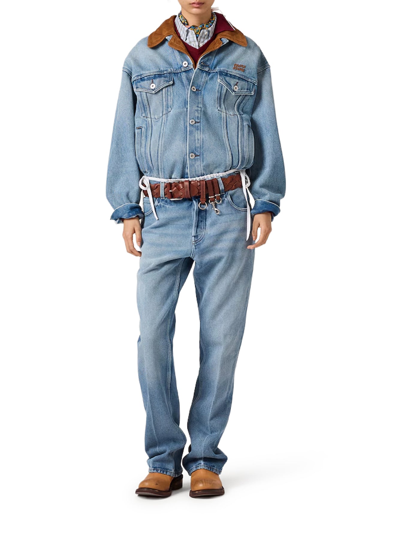 Miu Miu BLOUSON IN WASHED DENIM AND SUEDE, view 2