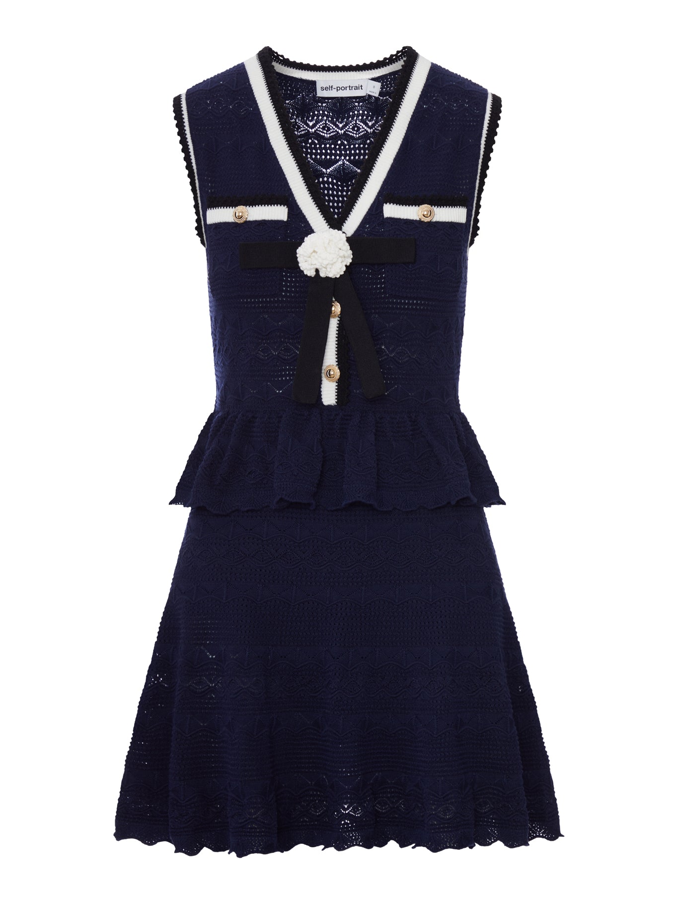 self-portrait NAVY BLUE PEPLUM QUILTED KNIT MINI DRESS