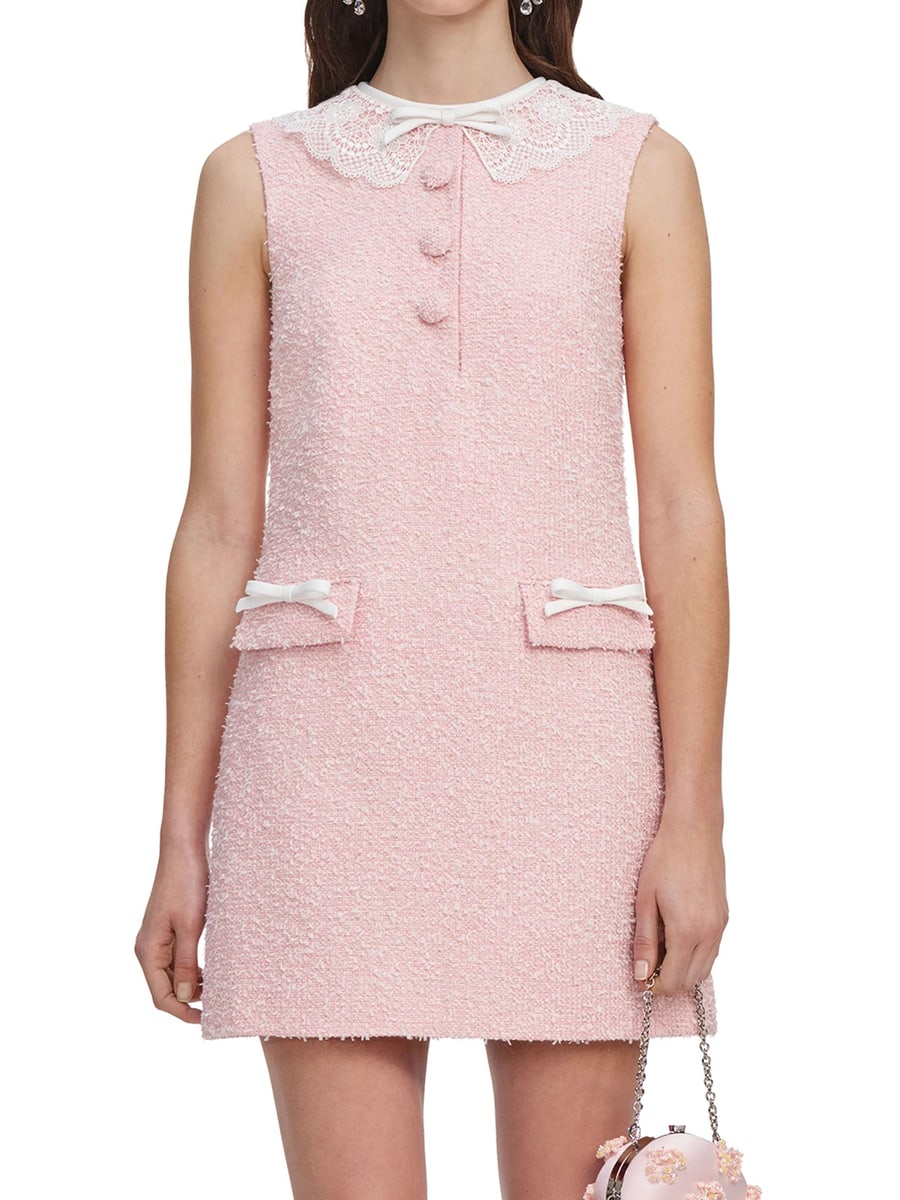 self-portrait PINK MINI DRESS WITH BOUCLE LACE COLLAR, view 3