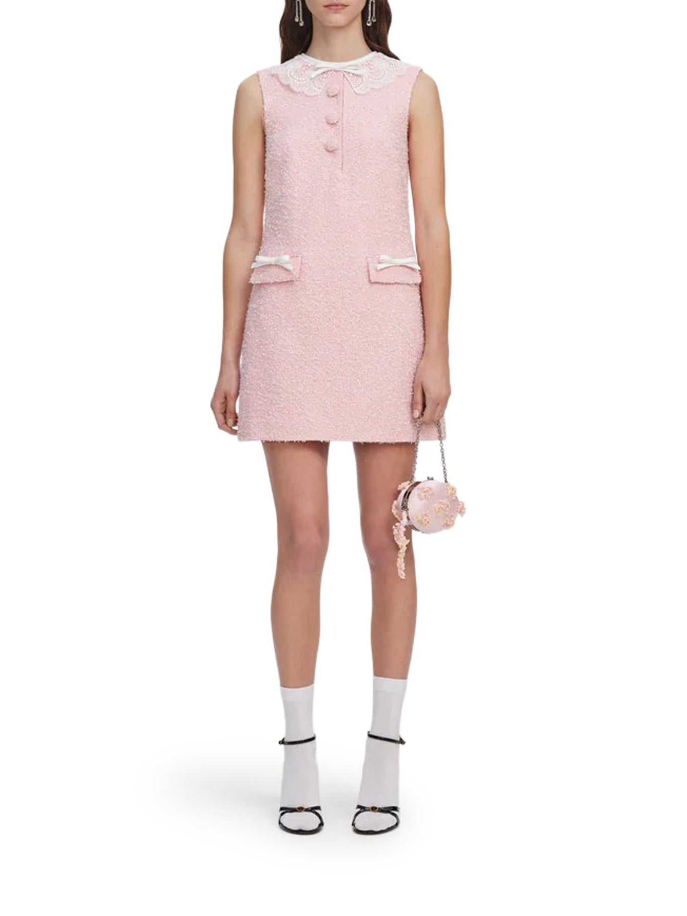 self-portrait PINK MINI DRESS WITH BOUCLE LACE COLLAR, view 2