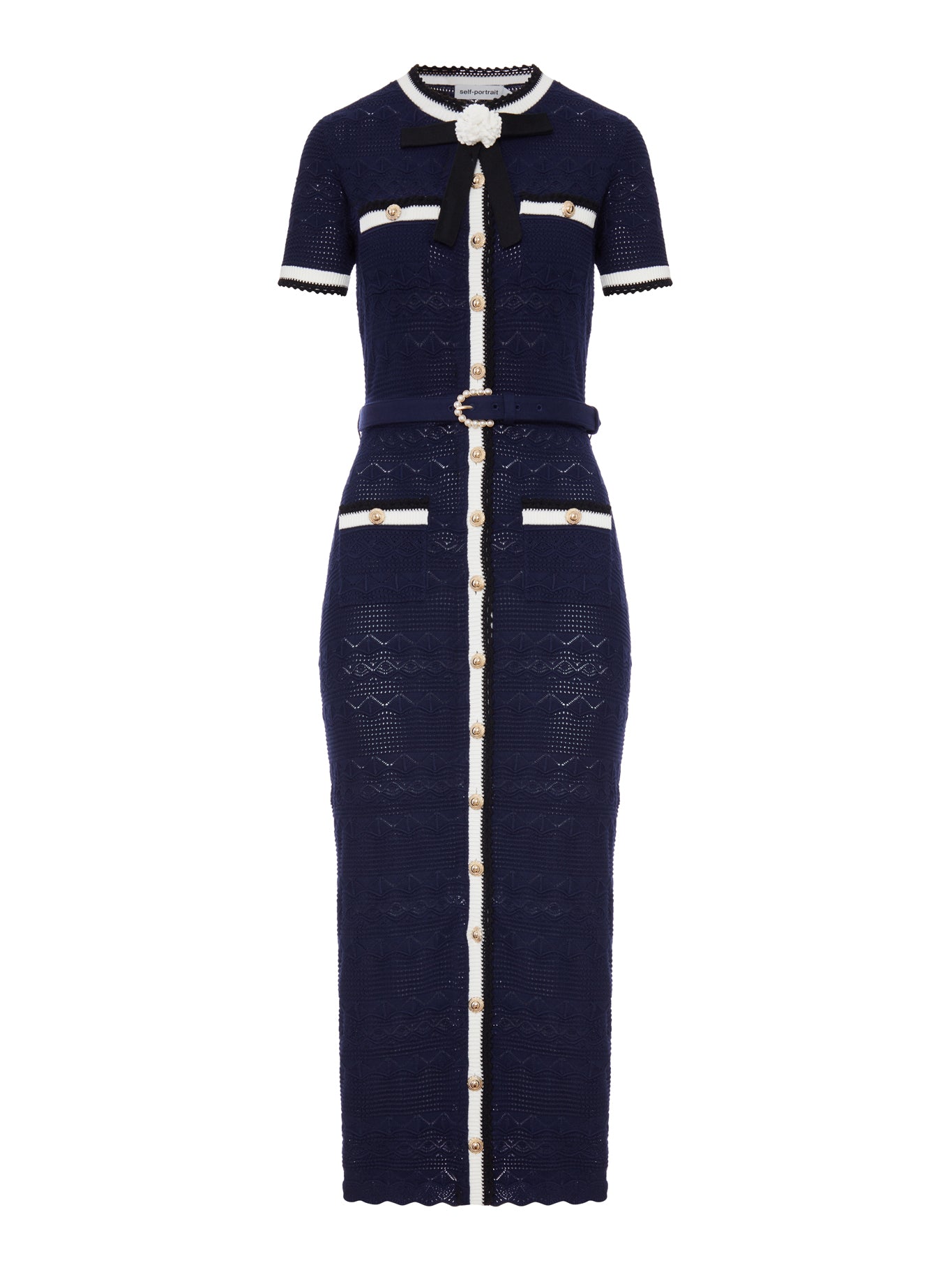 self-portrait NAVY BLUE PERFORATED KNIT MIDI DRESS