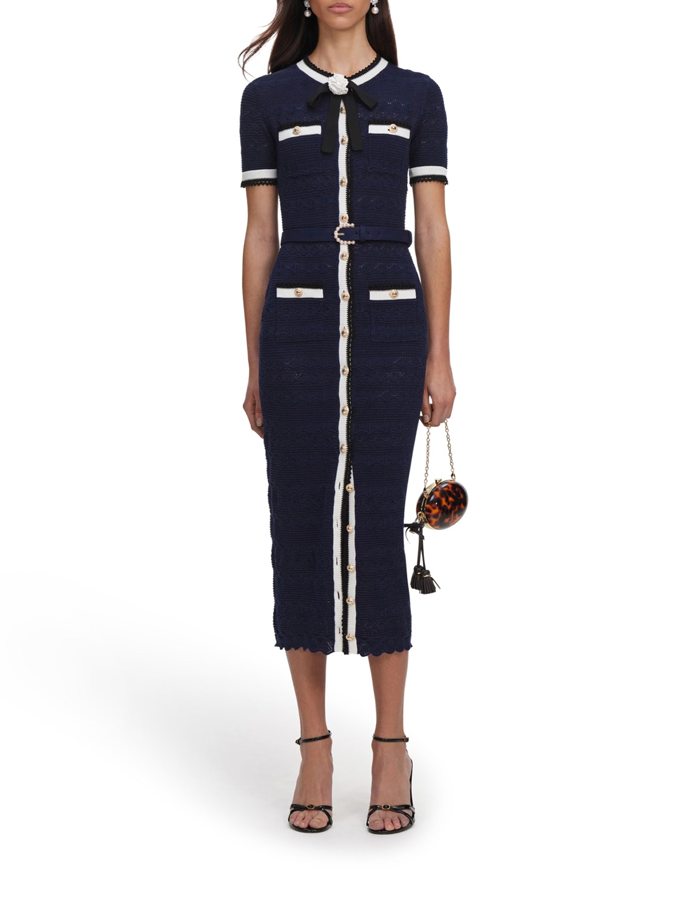 self-portrait NAVY BLUE PERFORATED KNIT MIDI DRESS, view 2