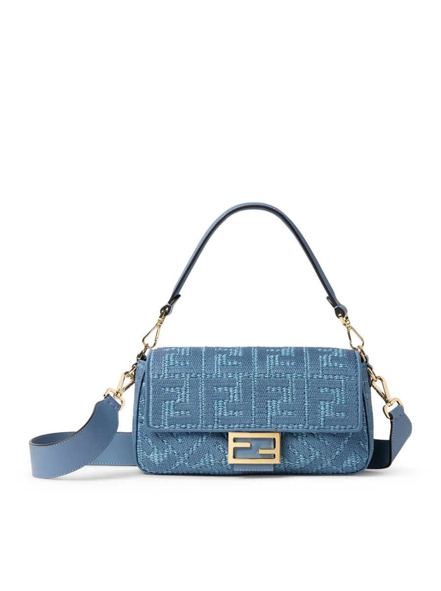 Fendi BAGUETTE BAG IN WOVEN RAFFIA WITH BLUE FF EMBROIDERY