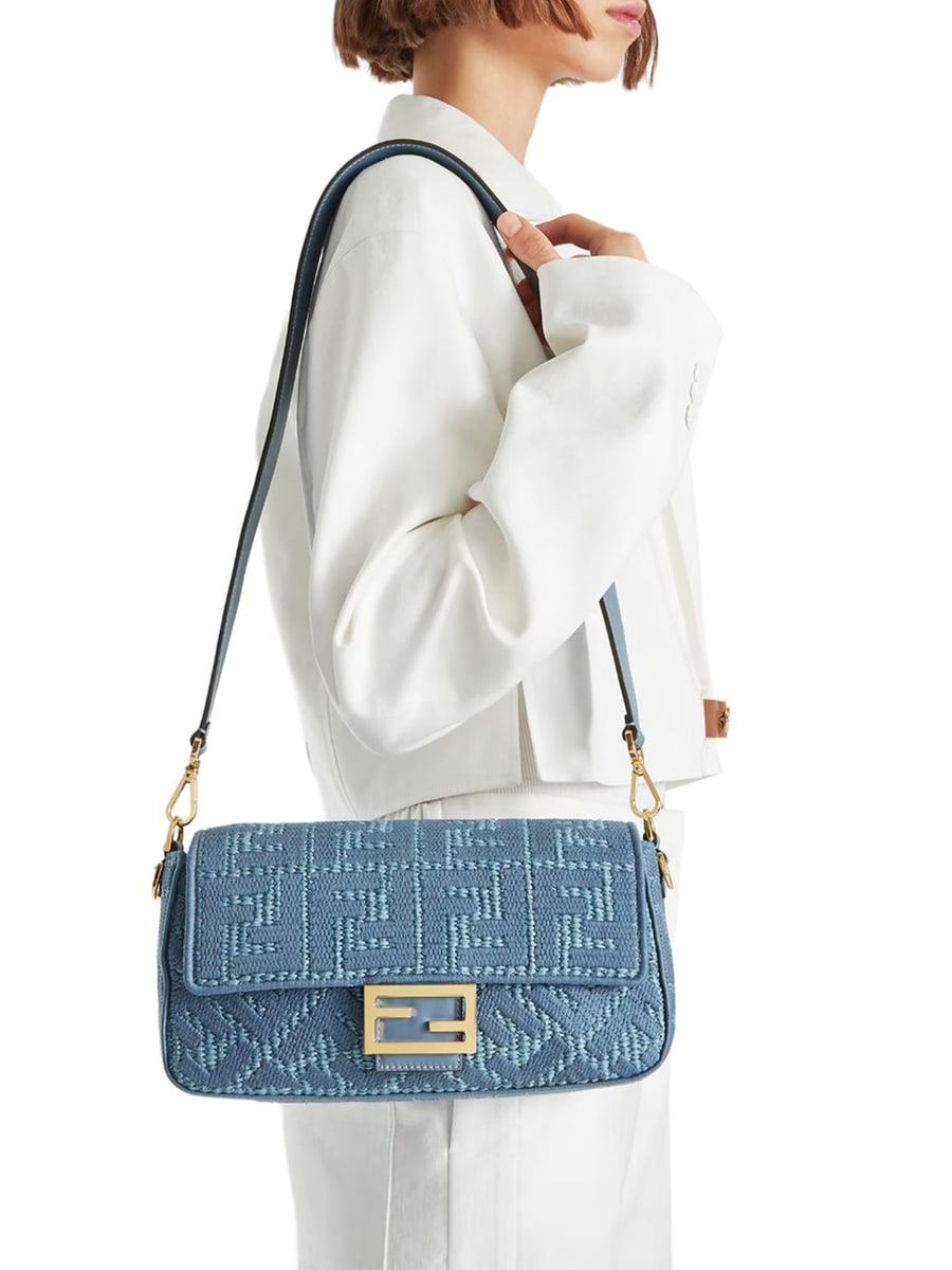 Fendi BAGUETTE BAG IN WOVEN RAFFIA WITH BLUE FF EMBROIDERY, view 2