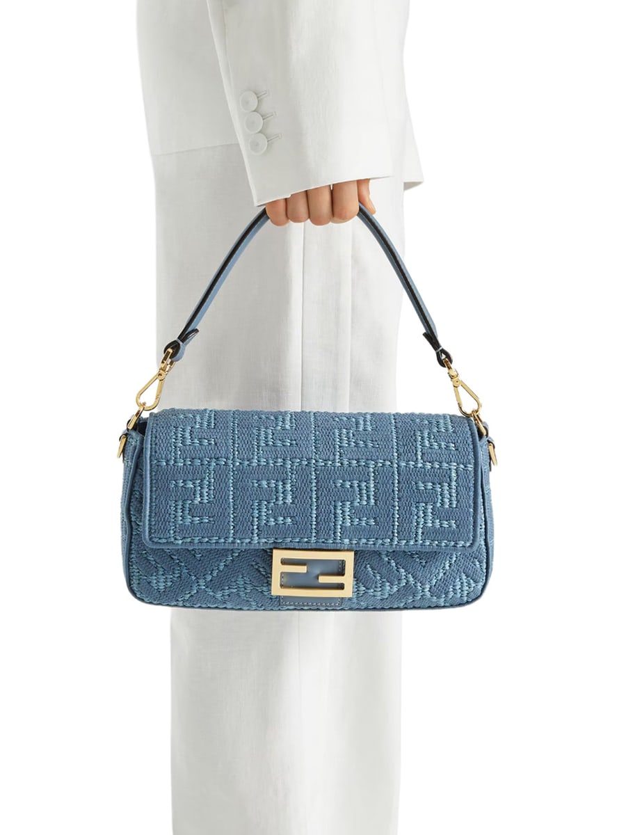 Fendi BAGUETTE BAG IN WOVEN RAFFIA WITH BLUE FF EMBROIDERY, view 3