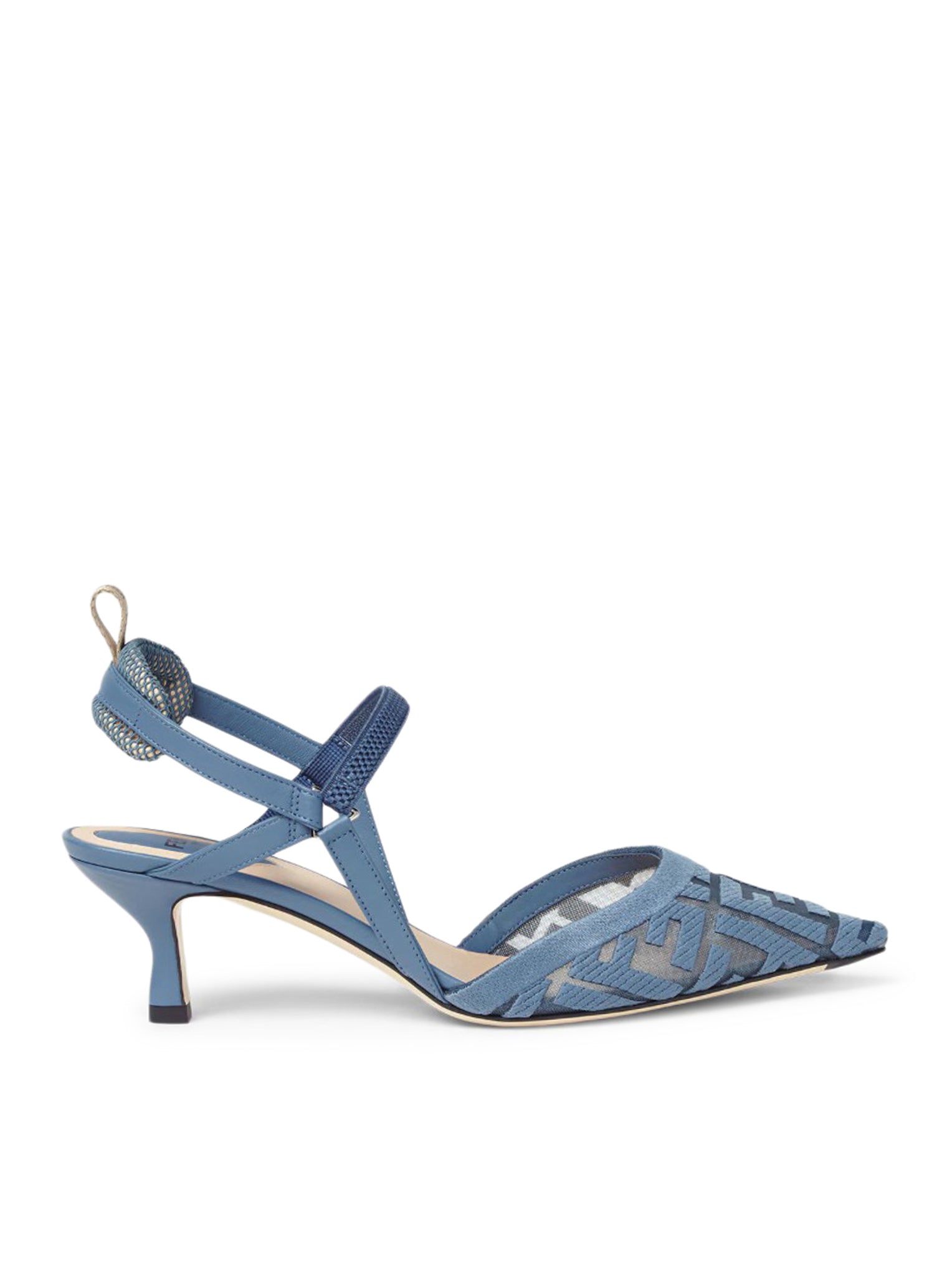 Fendi COLIBRÌ LITE SLINGBACK WITH MEDIUM HEEL IN MESH WITH FF EMBROIDERY IN BLUE