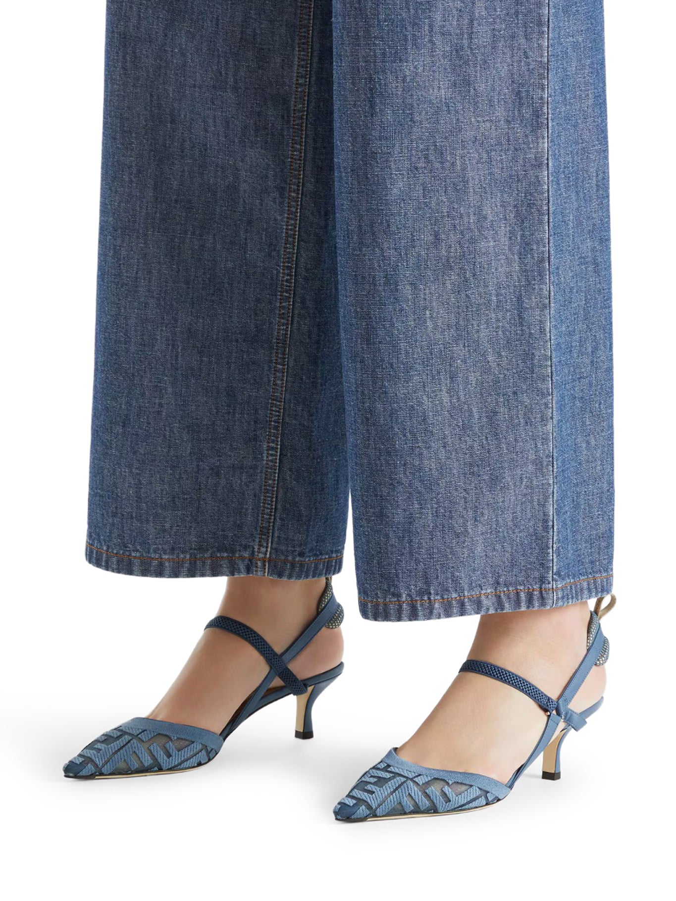 Fendi COLIBRÌ LITE SLINGBACK WITH MEDIUM HEEL IN MESH WITH FF EMBROIDERY IN BLUE, view 2