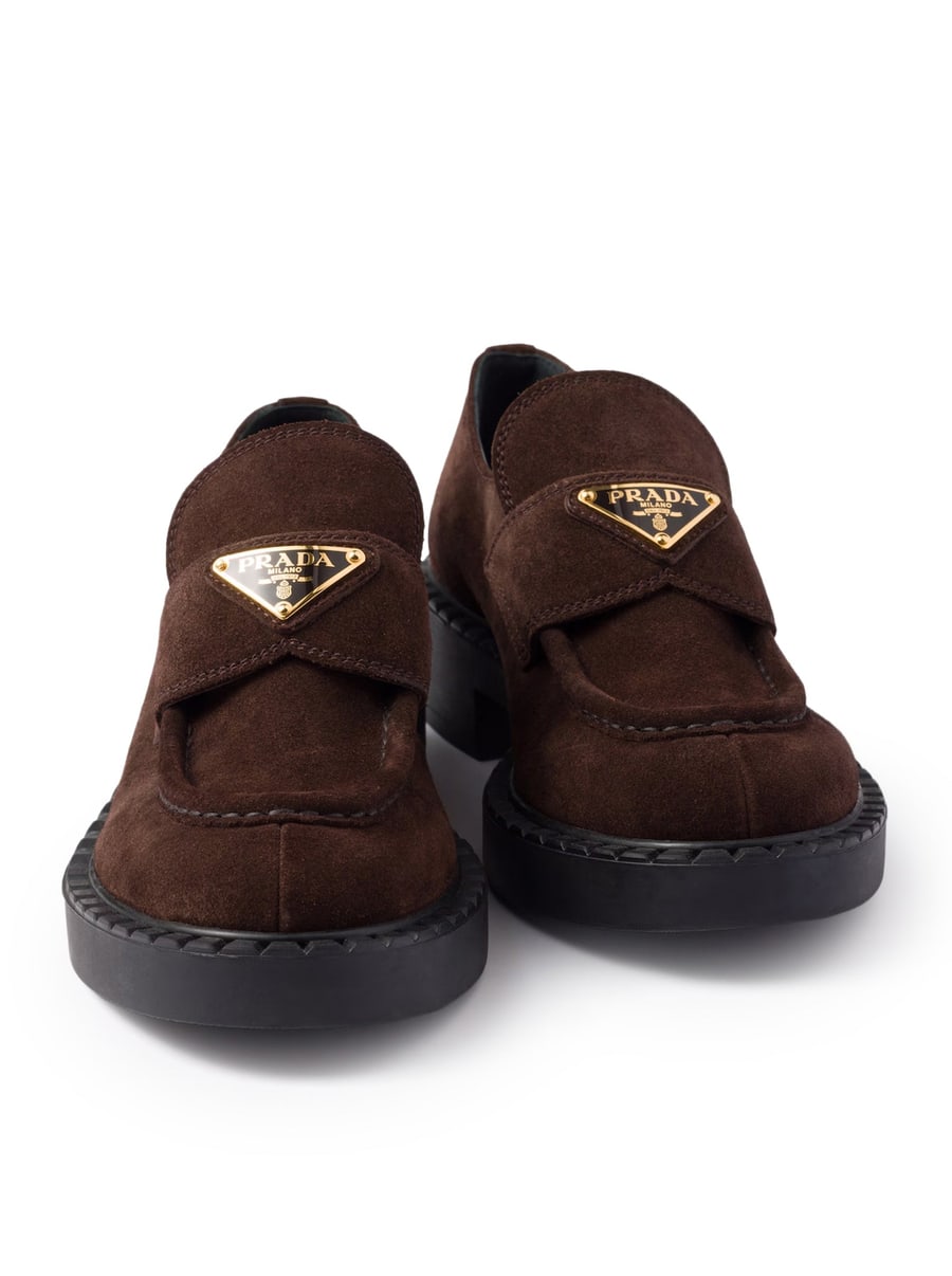 Prada CHOCOLATE SUEDE LOAFERS, view 6