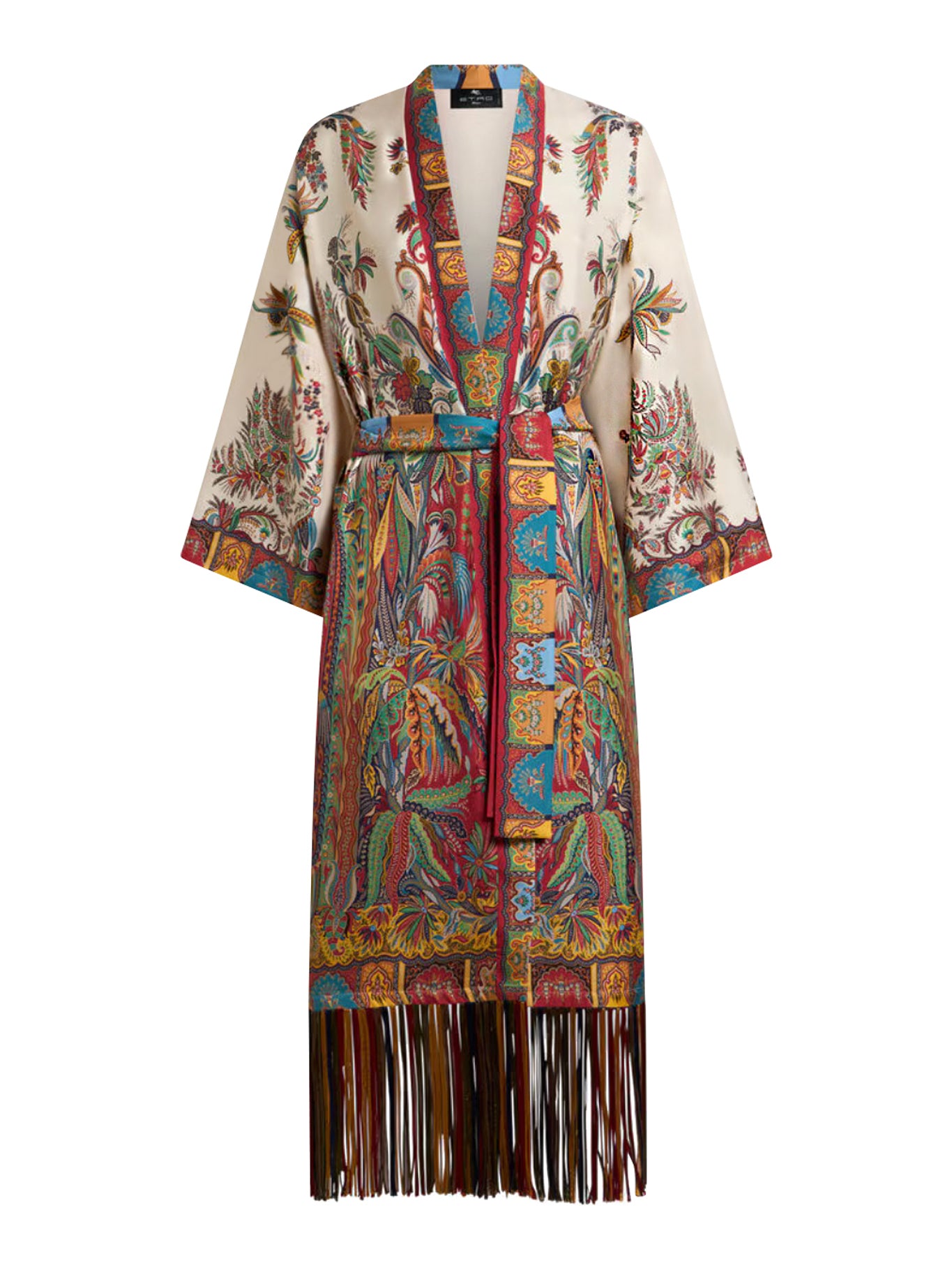 Etro SILK DUSTER COAT WITH FRINGES AND PAISLEY FOLIAGE PRINT
