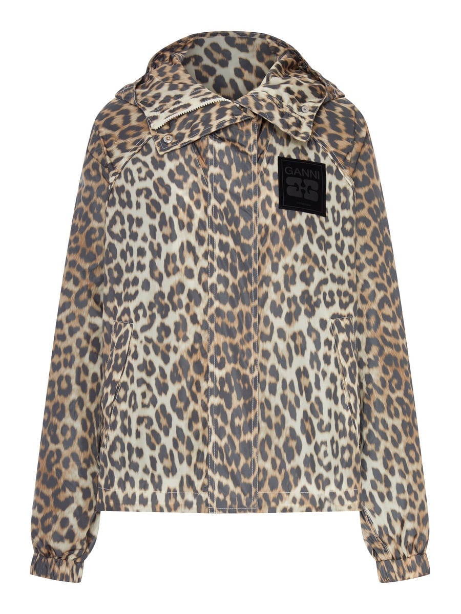 Ganni NYLON JACKET WITH LEOPARD PRINT