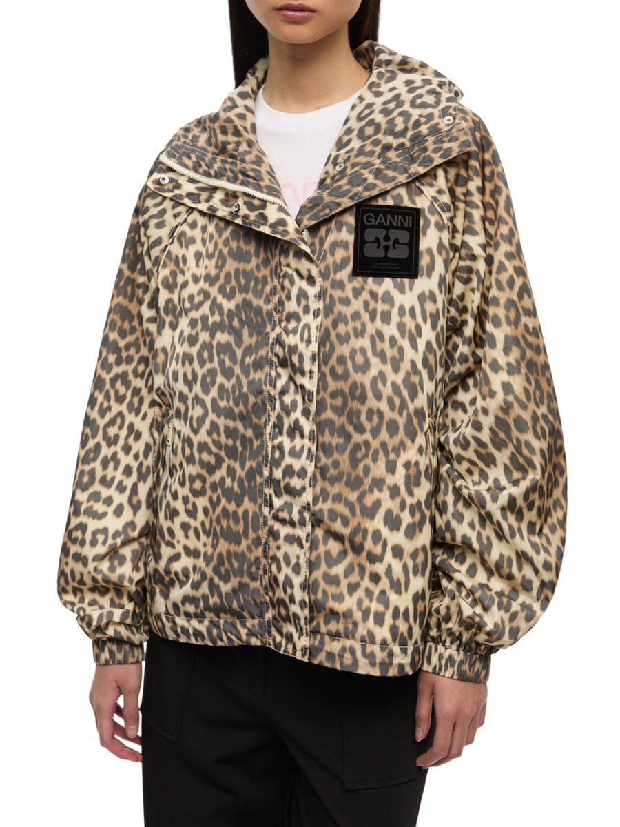 Ganni NYLON JACKET WITH LEOPARD PRINT, view 3