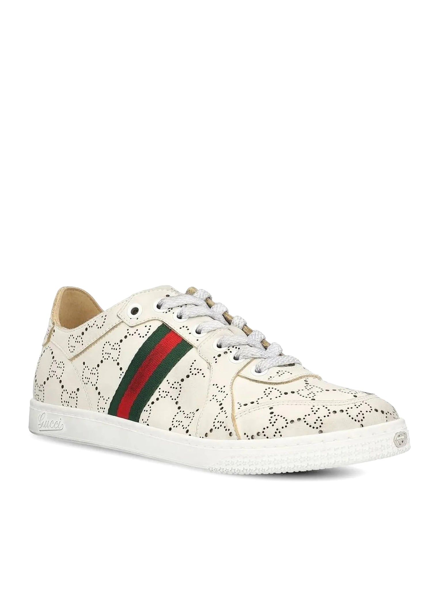 Gucci LEATHER SNEAKERS WITH ALLOVER GG AND WEB BAND, view 2