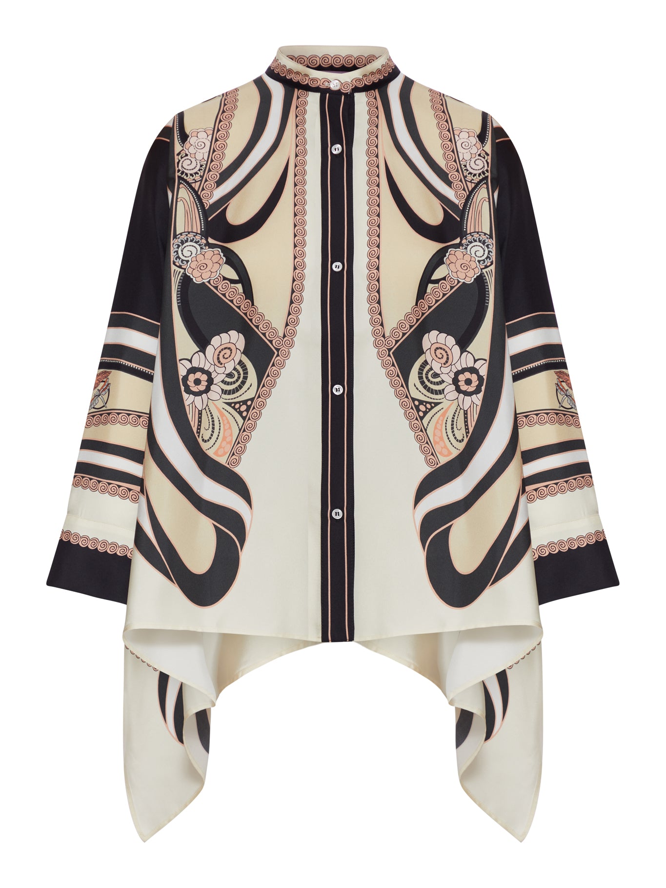 La Double J SILK SCARF SHIRT WITH GRAPHIC PRINT AND ASYMMETRIC BOTTOM