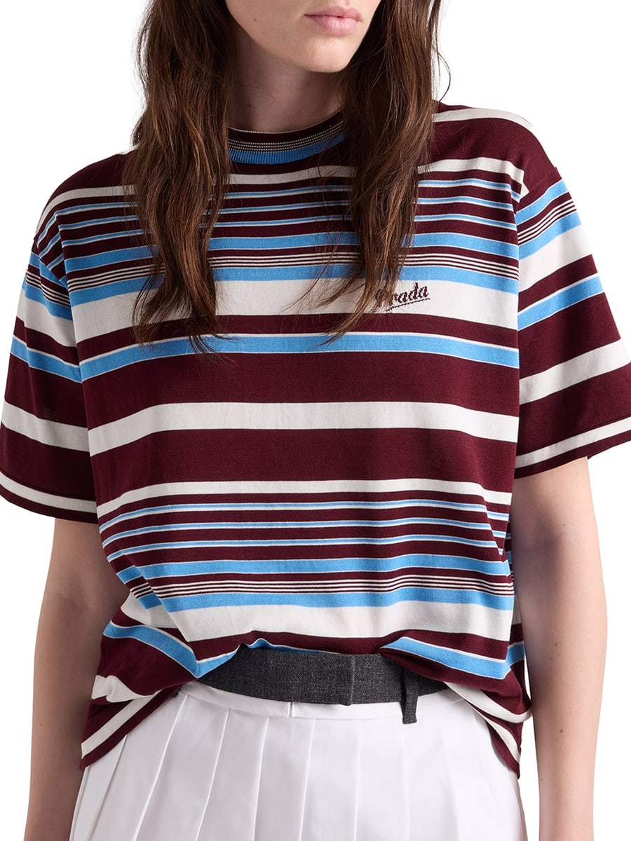 Prada STRIPED COTTON CREW NECK SWEATER, view 3