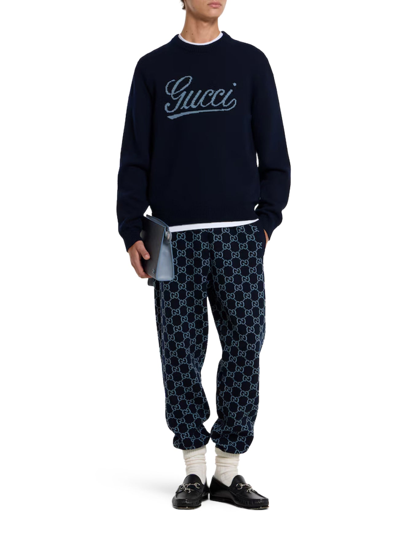 Gucci WOOL SWEATER WITH CONTRASTING FRONT GUCCI LOGO, view 2