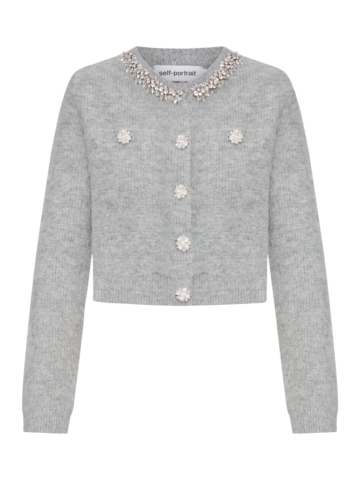 self-portrait GREY CARDIGAN WITH CRYSTAL FINISHING