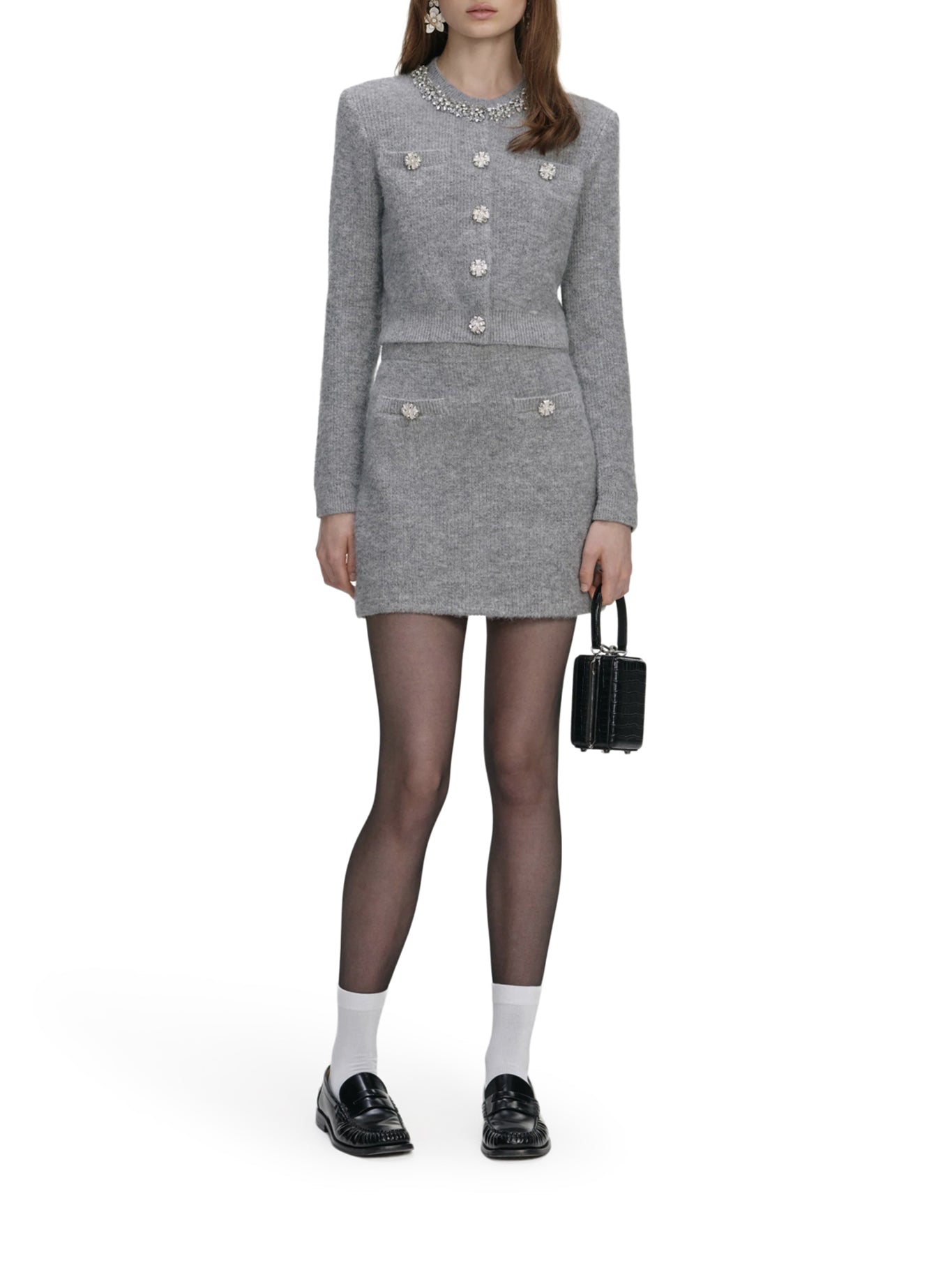 self-portrait GREY CARDIGAN WITH CRYSTAL FINISHING, view 2