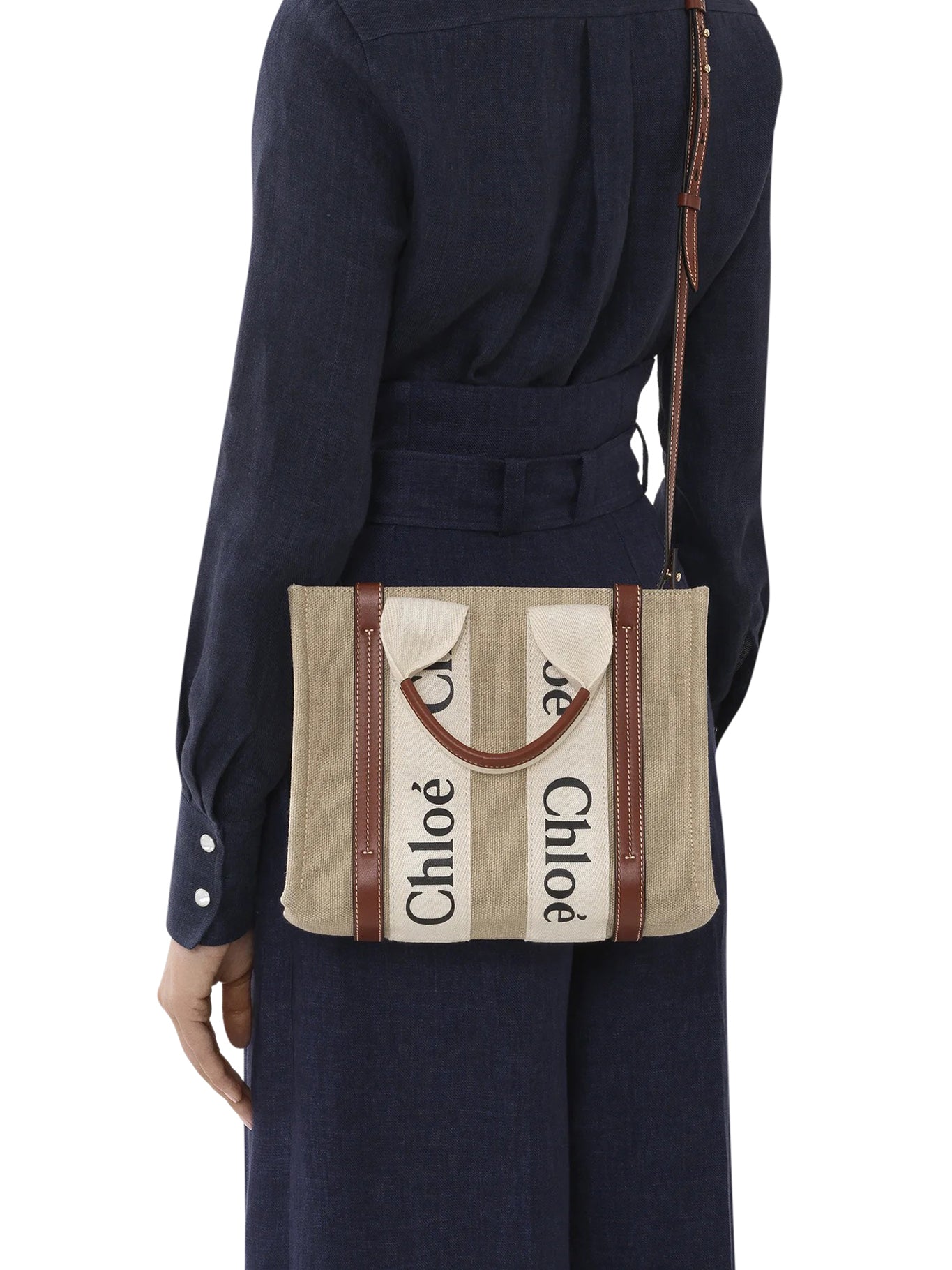 Chloé WOODY SMALL LINEN TOTE BAG, view 2