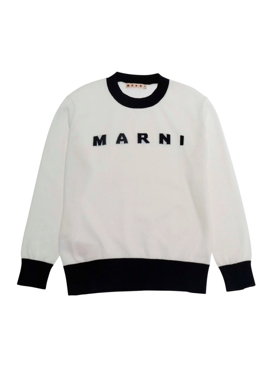 Marni kids Maglia Girocollo con Logo Lettering sul Fronte e Rifiniture a Contrasto in Cotone Bianca Bambino