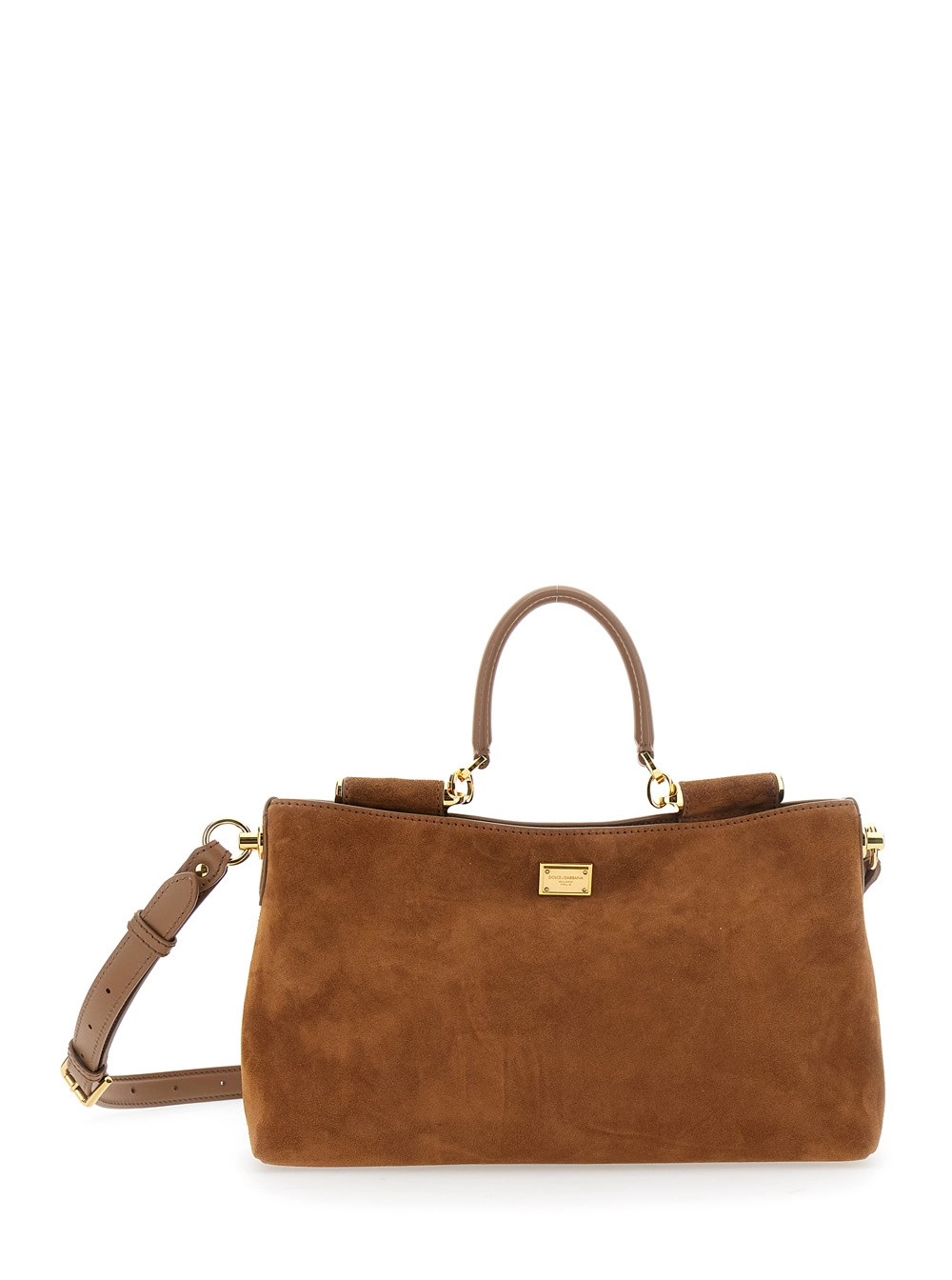 Dolce & Gabbana Borsa a Spalla 'Vittoria' con Tracolla Regolabile e Placca Logo sul Fronte in Pelle Scamosciata Marrone Donna