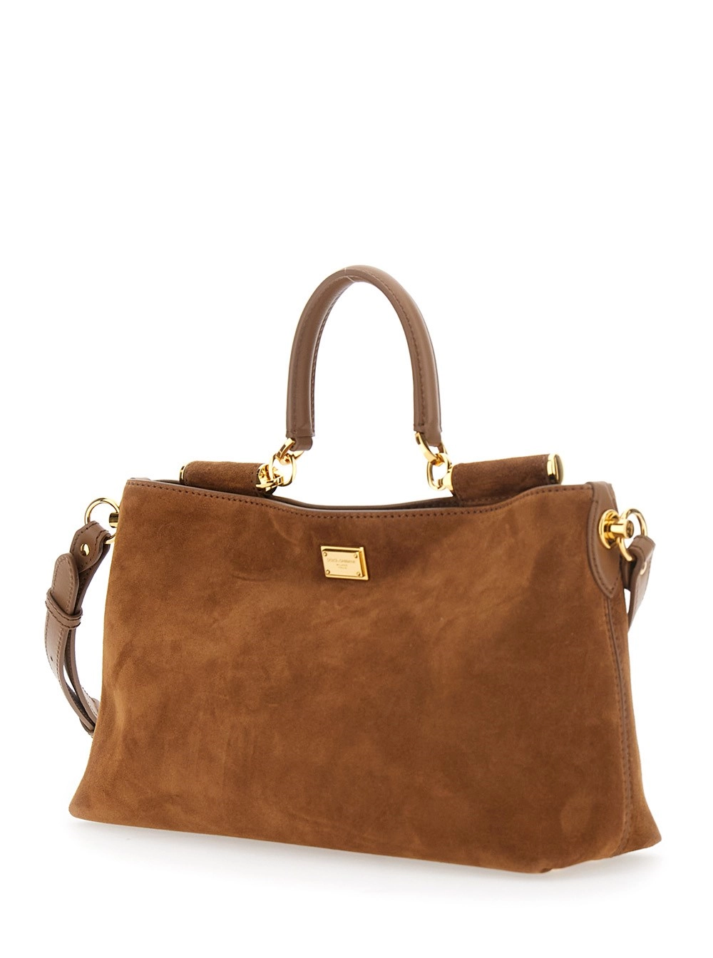Dolce & Gabbana Borsa a Spalla 'Vittoria' con Tracolla Regolabile e Placca Logo sul Fronte in Pelle Scamosciata Marrone Donna, view 2