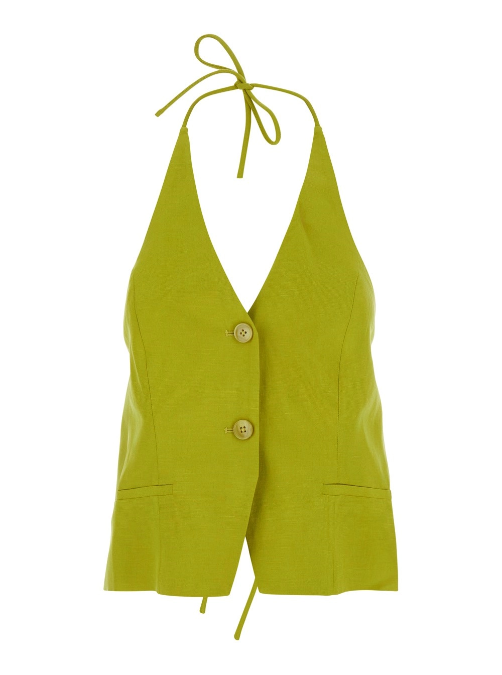 Twinset Gilet con Scollo a V e Chiusura con Laccio su Collo e Retro in Misto Lino Giallo Donna