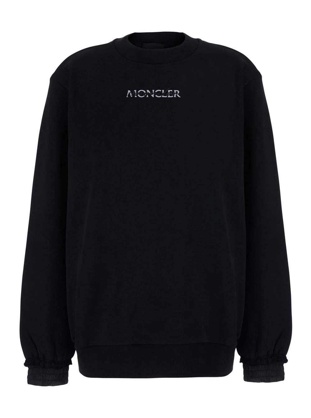 Moncler Felpa girocollo con logo lettering e patch logo sulla manica in cotone nera donna