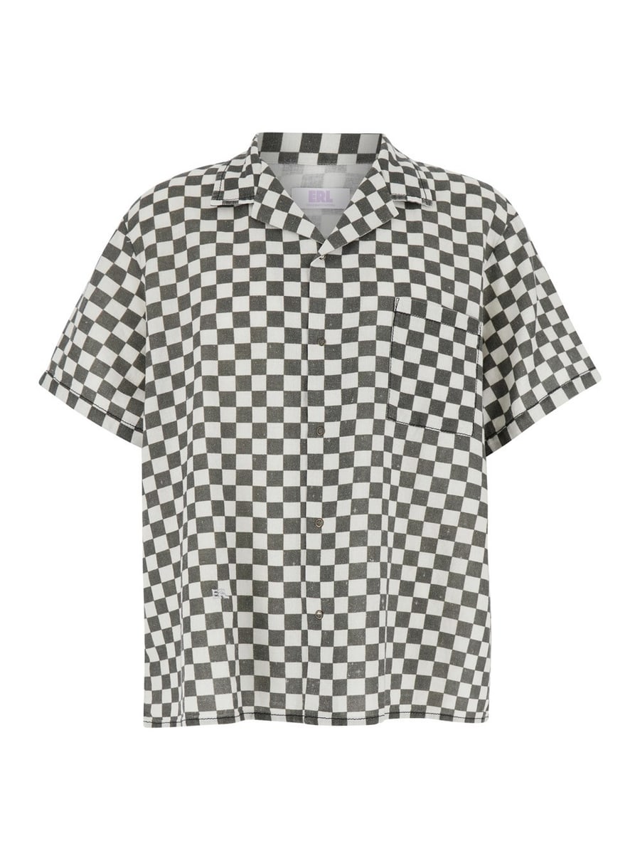 Erl Camicia da Bowling con Stampa Check in Cotone e Lino Nero e Bianco Uomo