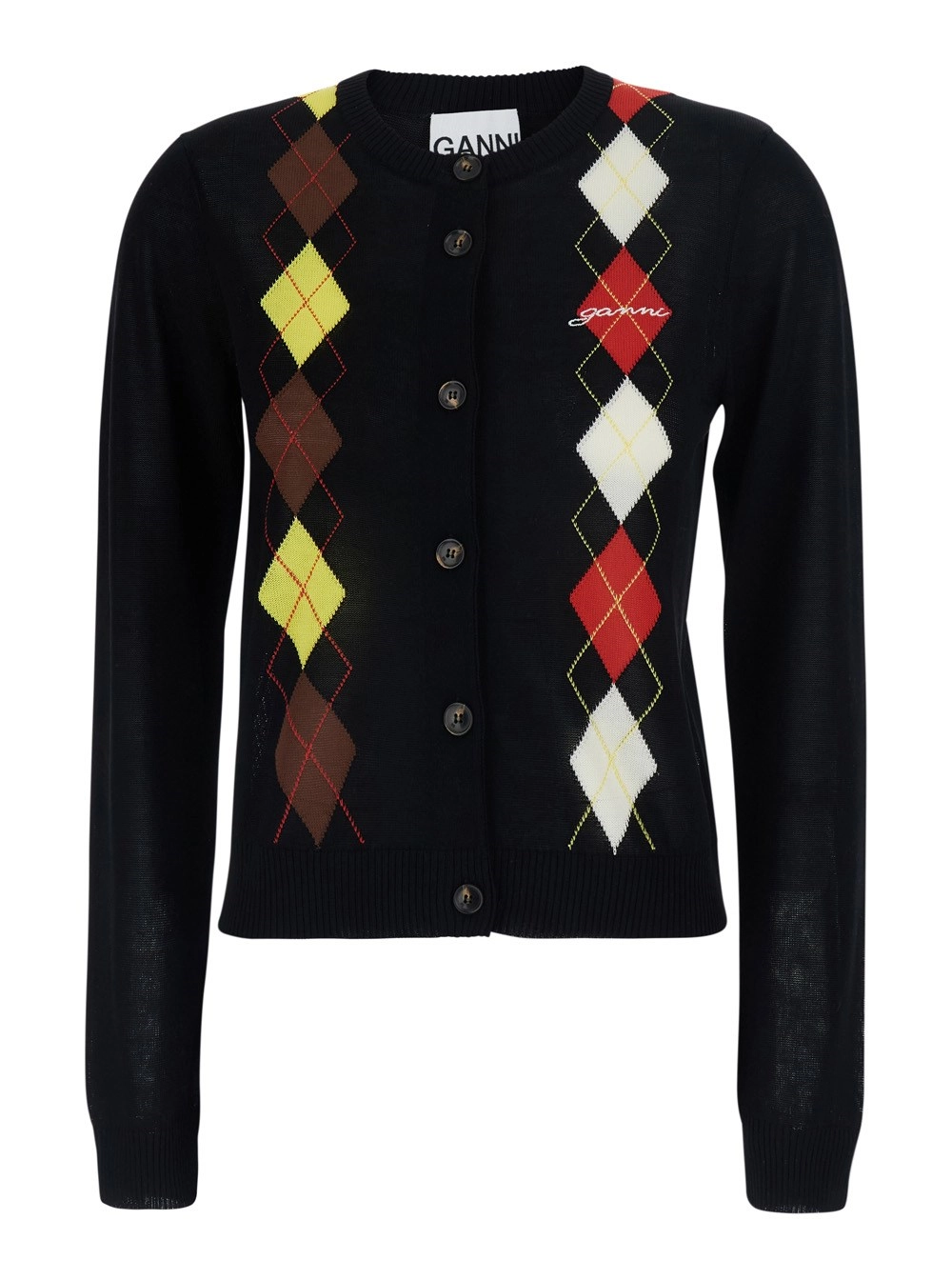 Ganni Cardigan Girocollo con Motivo a Rombi sul Fronte in Cotone Nero Donna