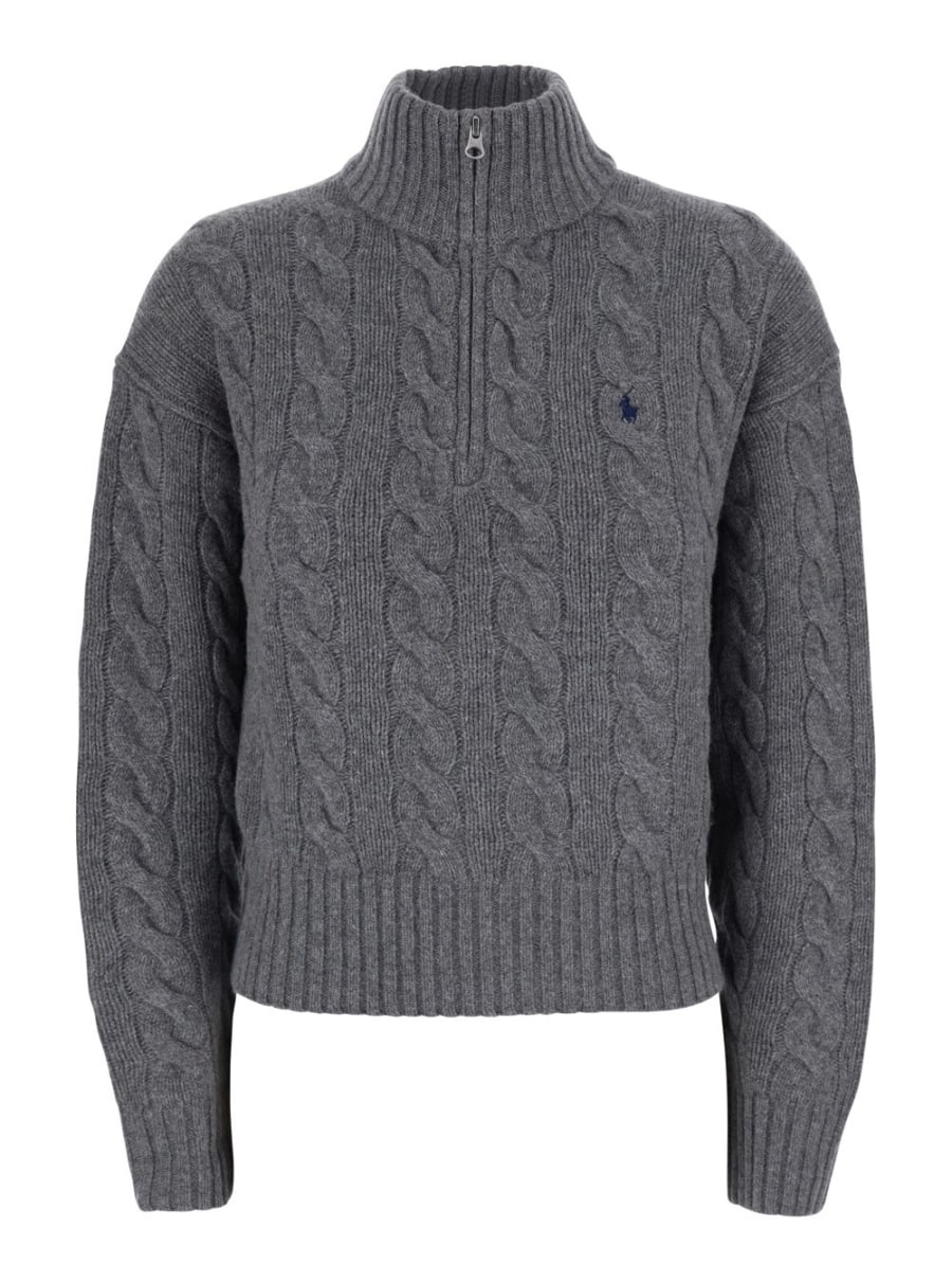 Polo Ralph Lauren Maglione a collo alto con ricamo Cavallino sul fronte e design corto in lana e cashmere grigio donna