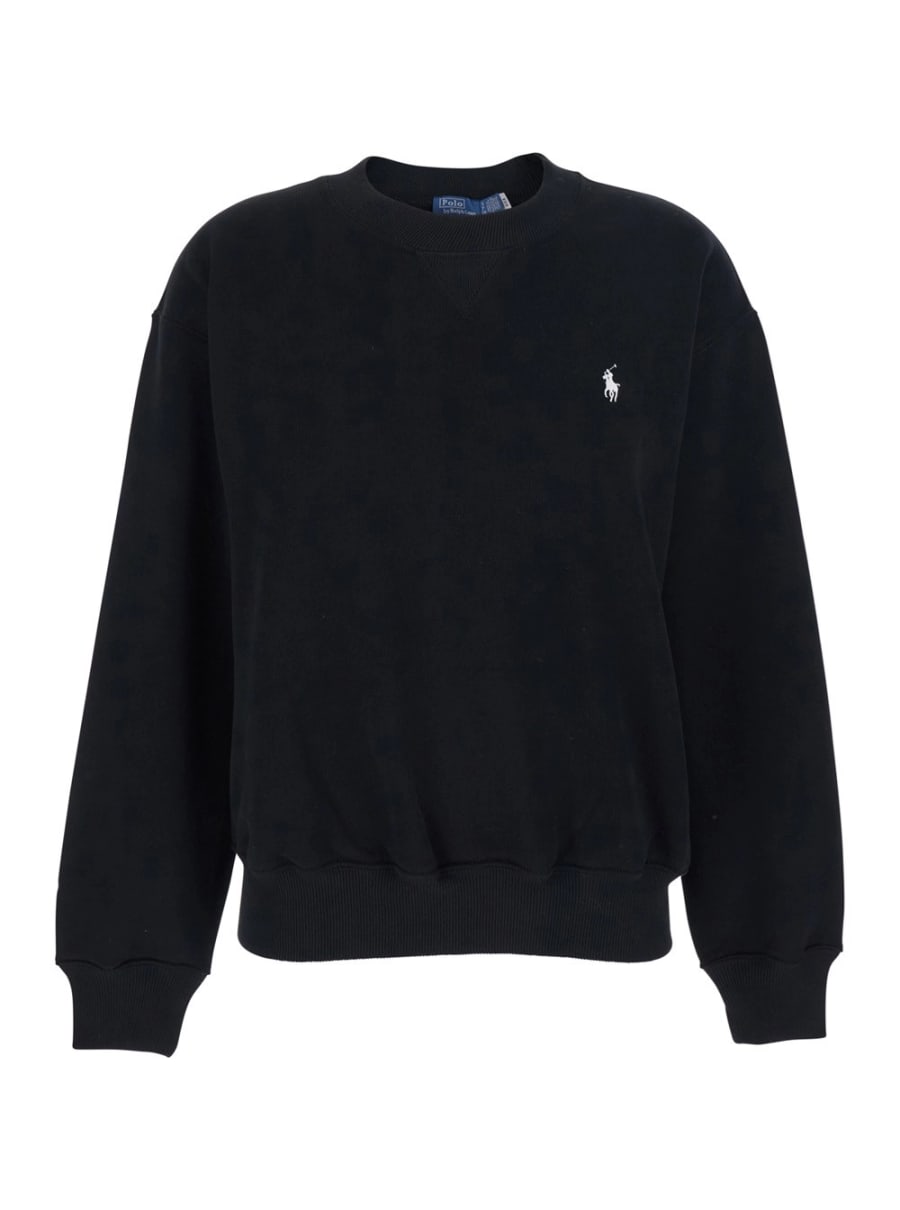 Polo Ralph Lauren Felpa Girocollo con Spalle Scese e Pony Ricamato sul Fronte in Misto Cotone Nera Donna